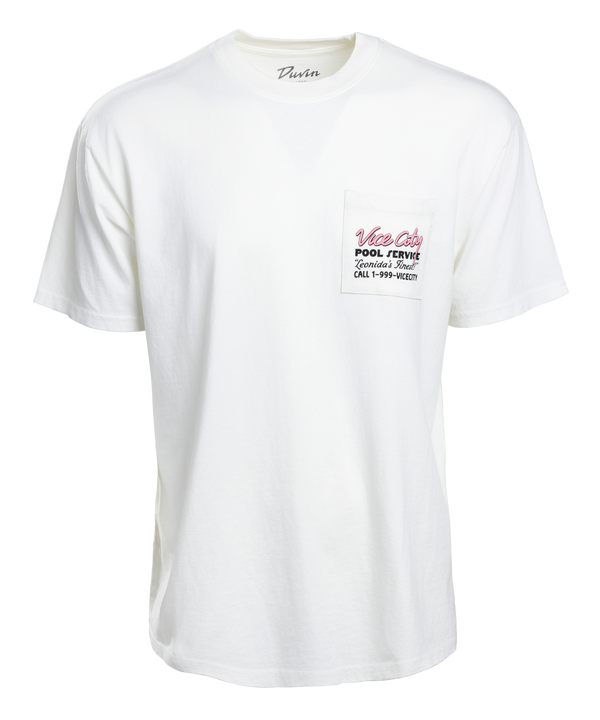 White vintage boxy tee featuring Court Culture x Duvin Vice City Pool Service pocket, pink/black print, an alligator playing basketball, palm trees, and phone number—by Court Culture.