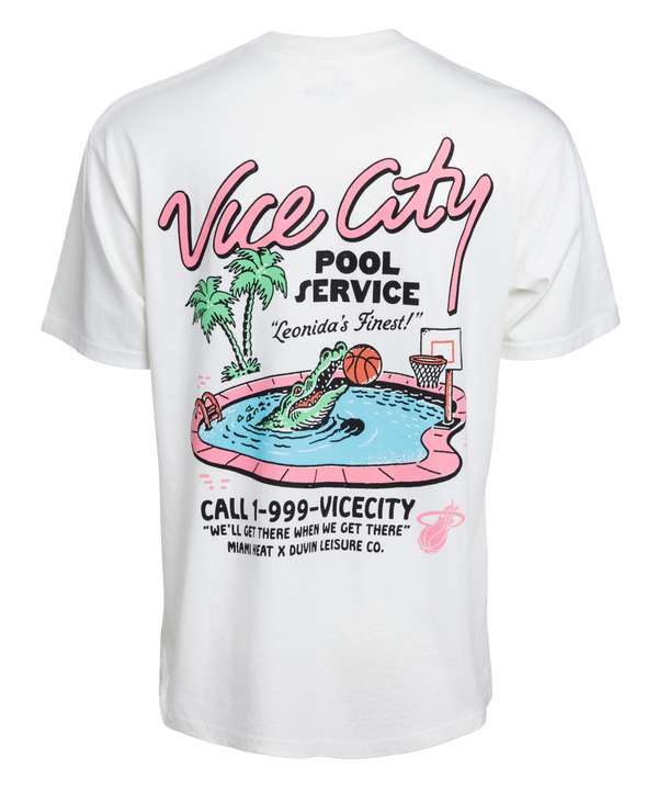 White vintage boxy tee featuring Court Culture x Duvin Vice City Pool Service pocket, pink/black print, an alligator playing basketball, palm trees, and phone number—by Court Culture.