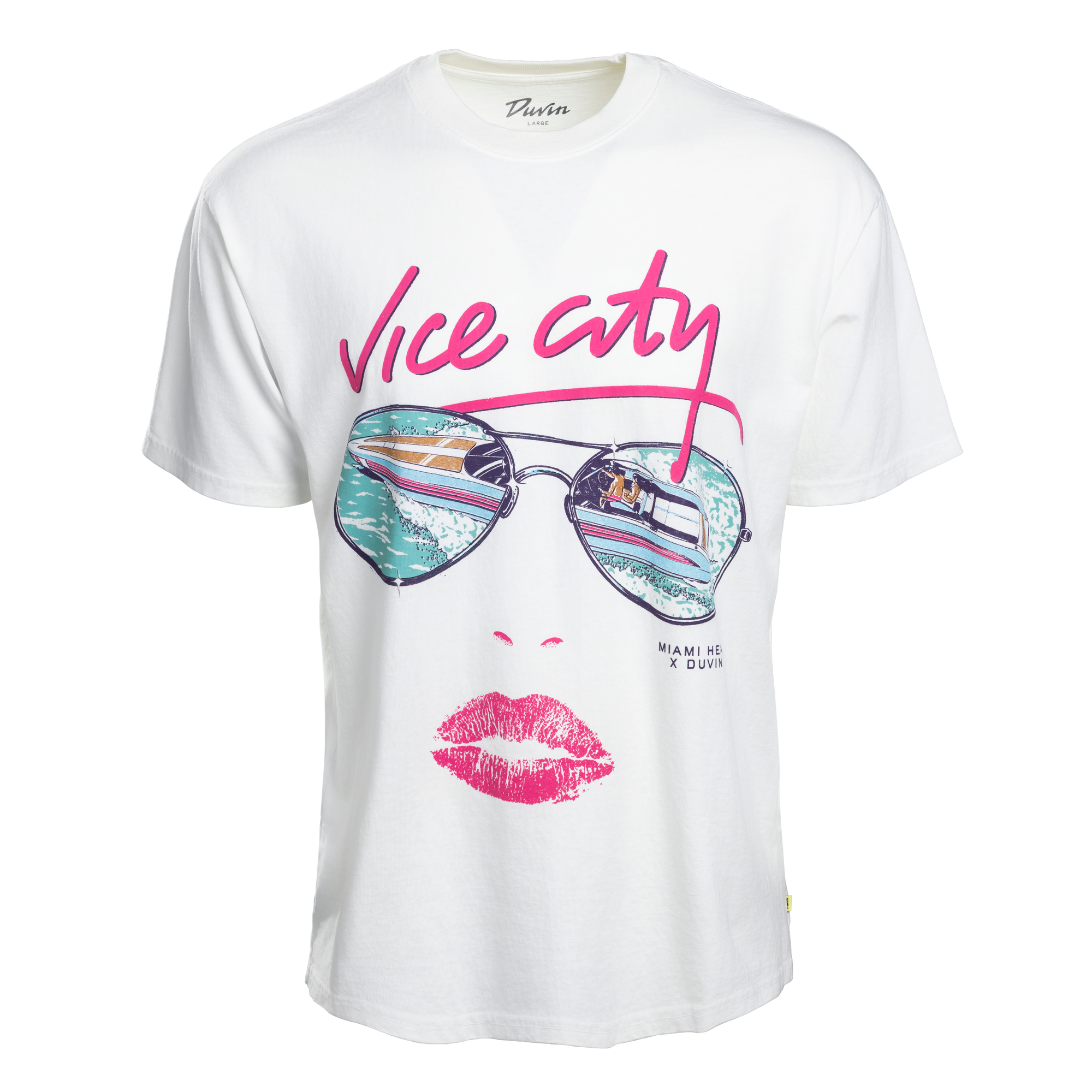 The Court Culture x Duvin Vice City Shades Tee is a white, mid-weight cotton shirt with sunglasses, pink lips, bold Vice City graphics, and MIAMI HEAT X DUVIN text near the hem.