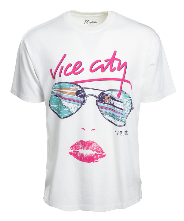 The Court Culture x Duvin Vice City Shades Tee is a white, mid-weight cotton shirt with sunglasses, pink lips, bold Vice City graphics, and MIAMI HEAT X DUVIN text near the hem.