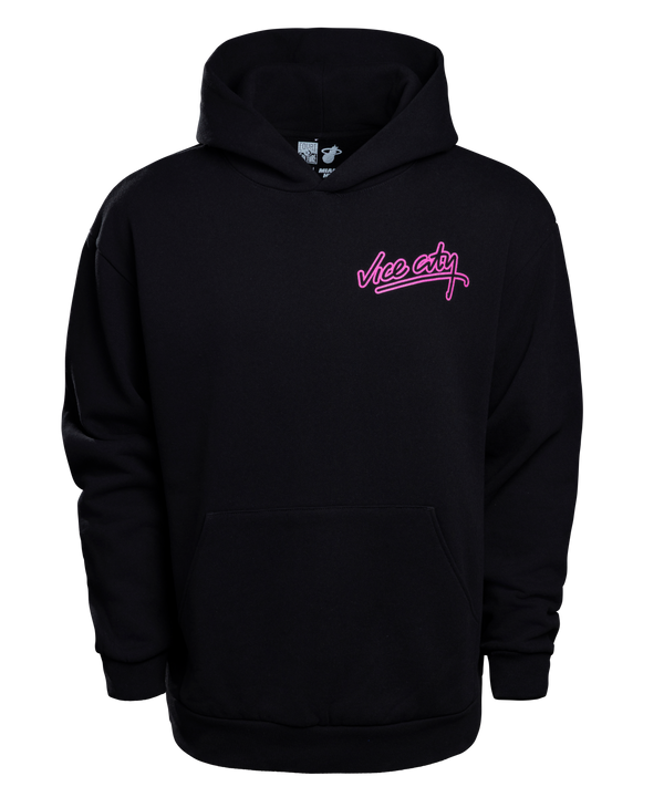Court Culture Vice City Hoodie — black, standard fit with front pocket and Vice City in pink cursive on the left chest. Cozy cotton-poly blend; machine wash cold. Shown on a plain white background.