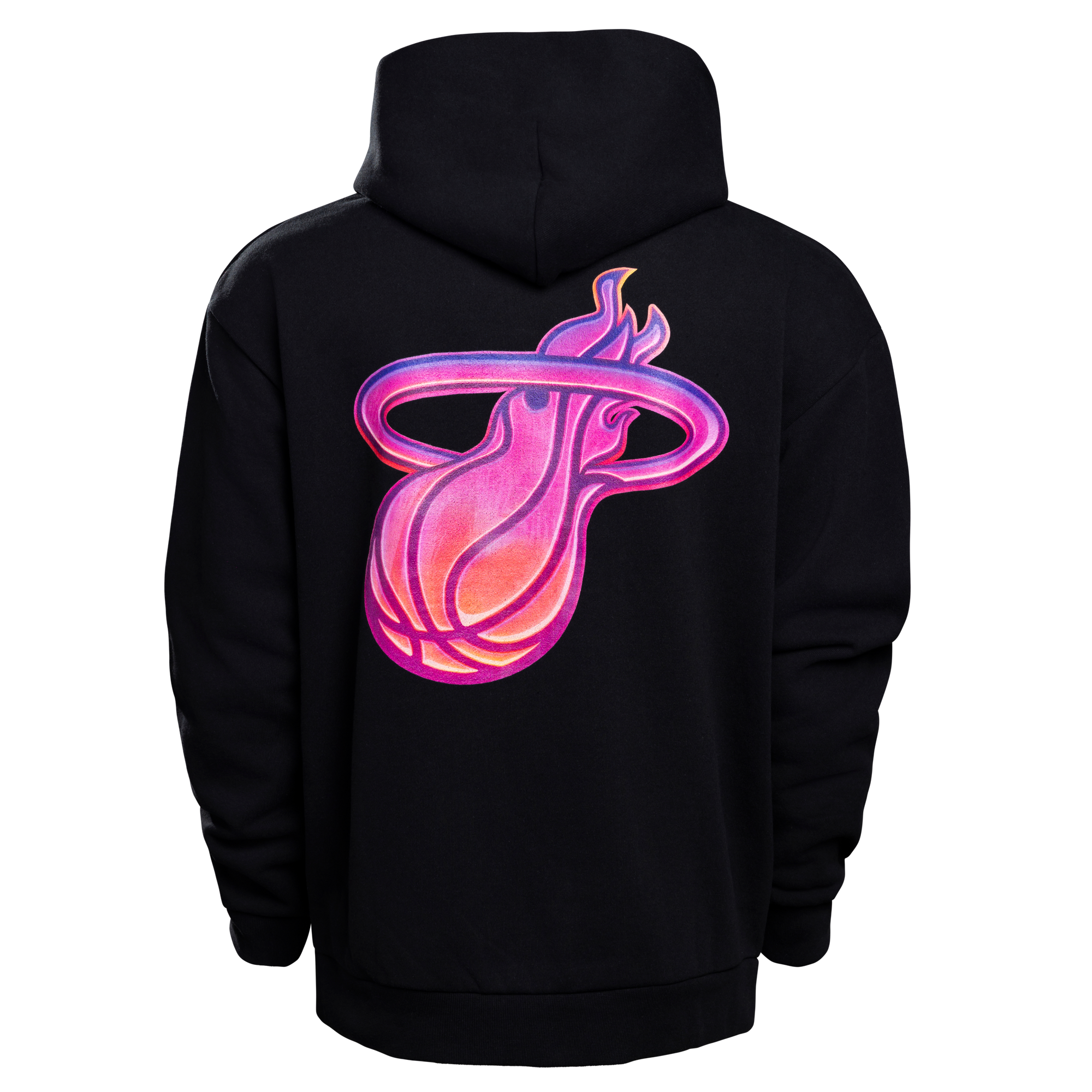 The Court Culture Vice City Hoodie features a bold pink and orange flaming basketball logo on the back. This black cotton-polyester hoodie offers a standard fit, hood, long sleeves, and is machine washable.