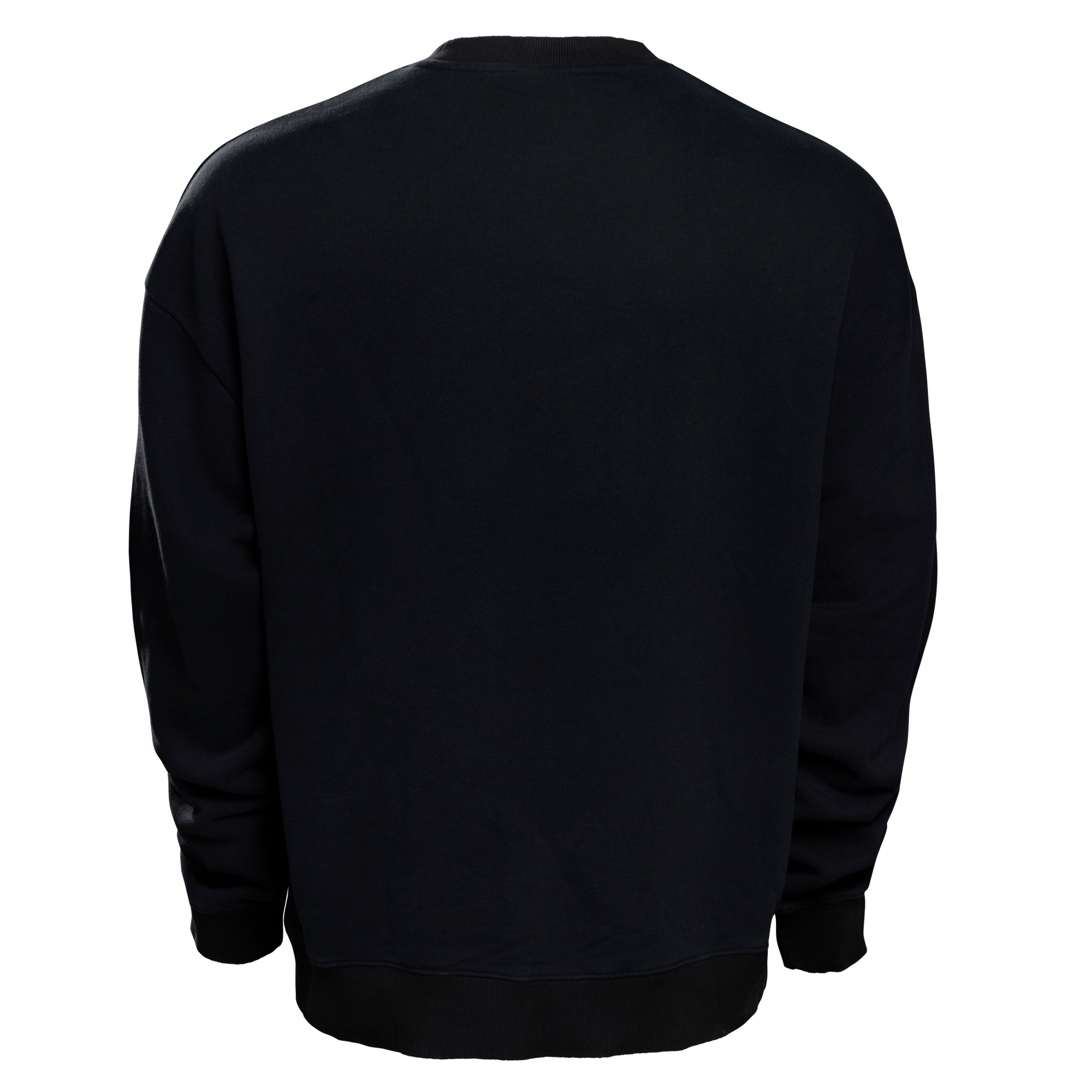 Back view of the Court Culture x Duvin Welcome to Vice City Crewneck in black heavyweight fleece with ribbed cuffs and hem, relaxed loose fit, and no visible logos or designs, shown on a white background.