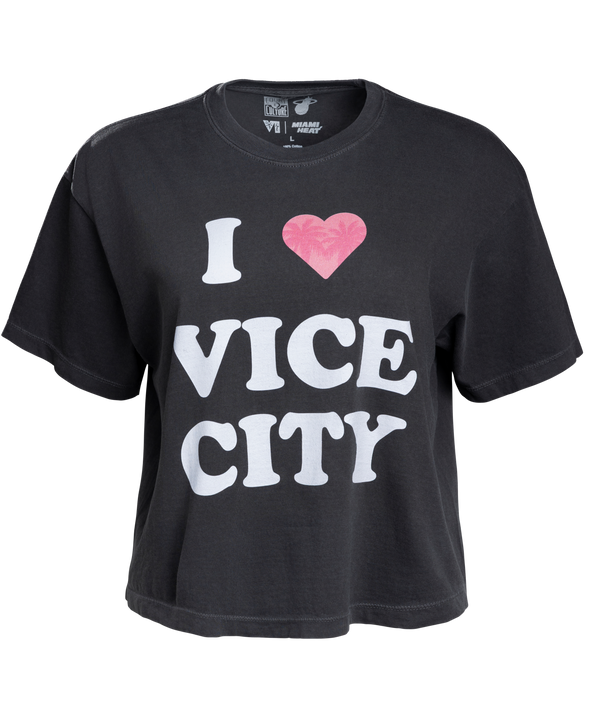 The Court Culture I 🩷 Vice City Crop is a black, 100% cotton crop t-shirt featuring I 🩷 VICE CITY text with a faint palm tree in the heart. Machine wash cold for best care.