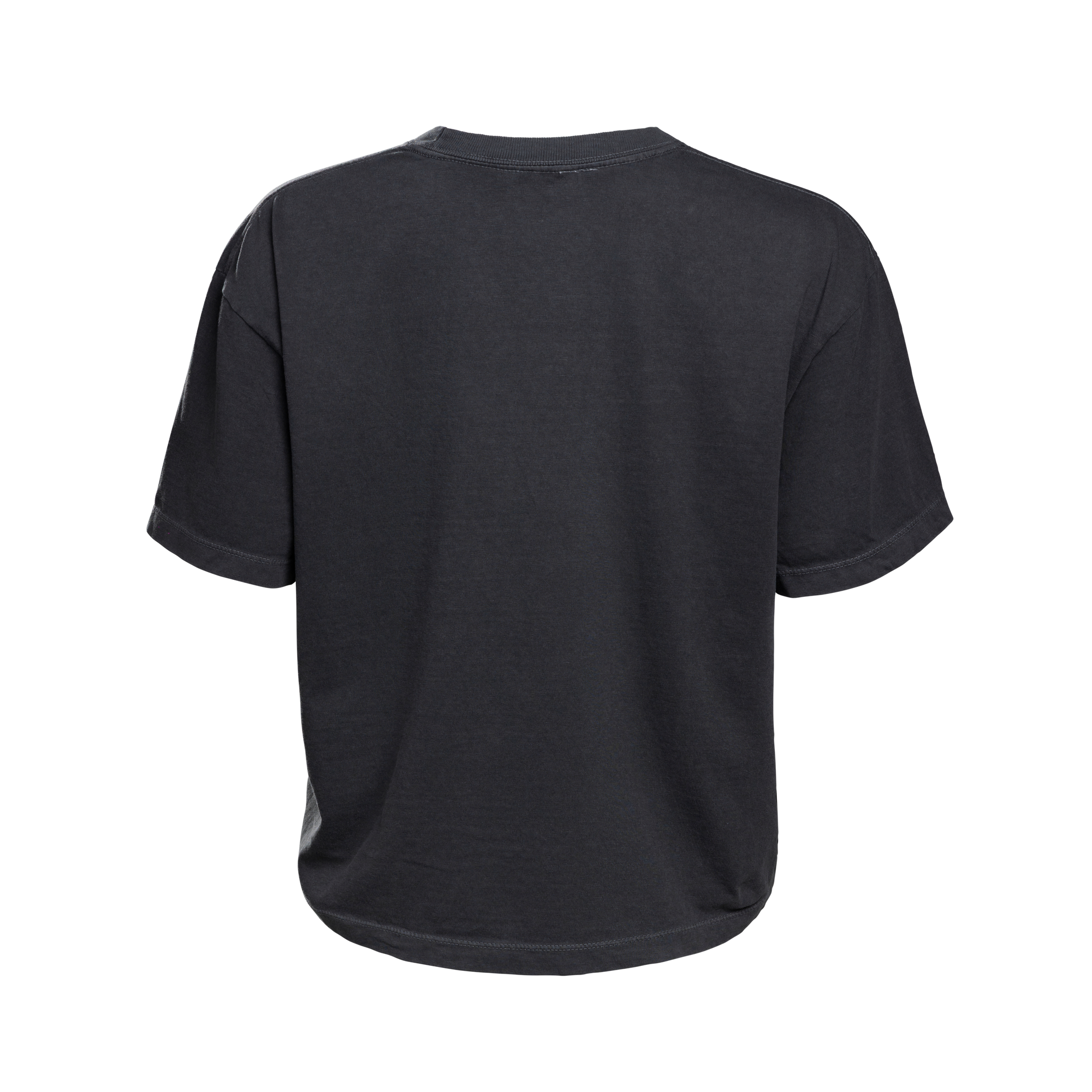 The Court Culture I 🩷 Vice City Crop, a black short-sleeve T-shirt with a cropped fit, is shown from the back against a white background.