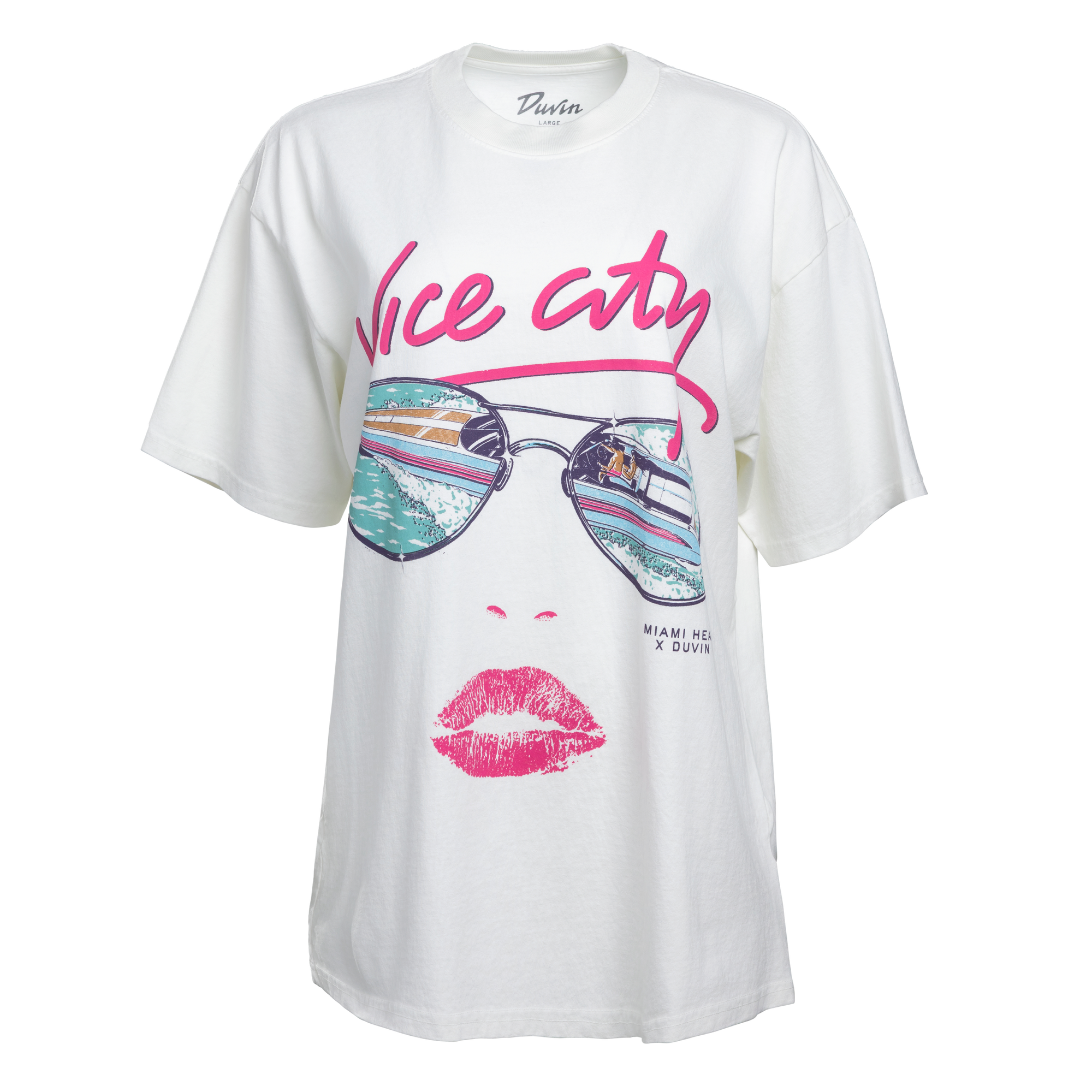 The Court Culture x Duvin Vice City Shades Tee is a white, mid-weight cotton t-shirt featuring a graphic face with reflective sunglasses, pink lips, and bold Vice City text. Beach and palms are mirrored in the shades.