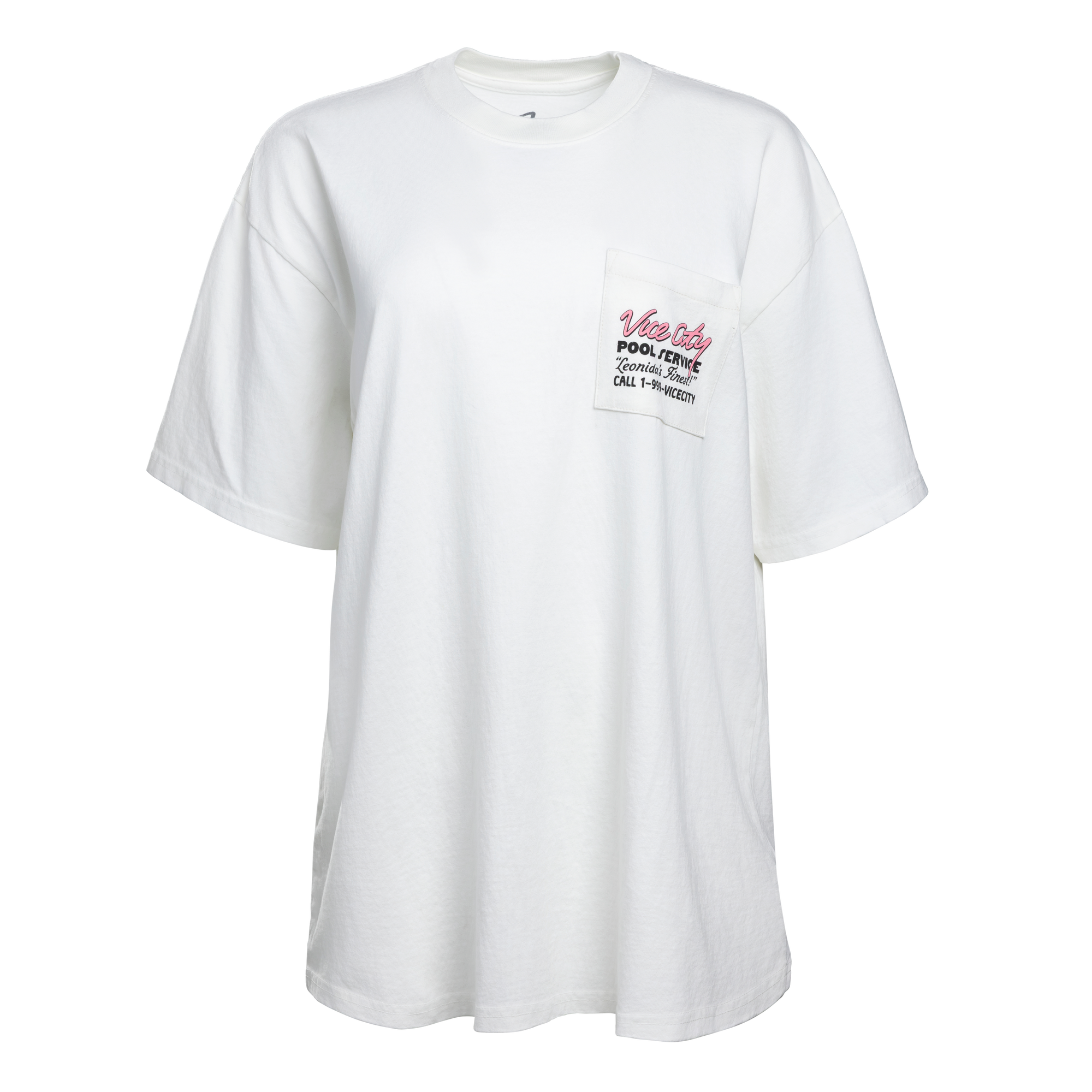 The Court Culture x Duvin Vice City Pool Service Pocket Tee is a vintage-style, plain white midweight cotton tee with a front pocket and bold red and black text. Brand: Court Culture.