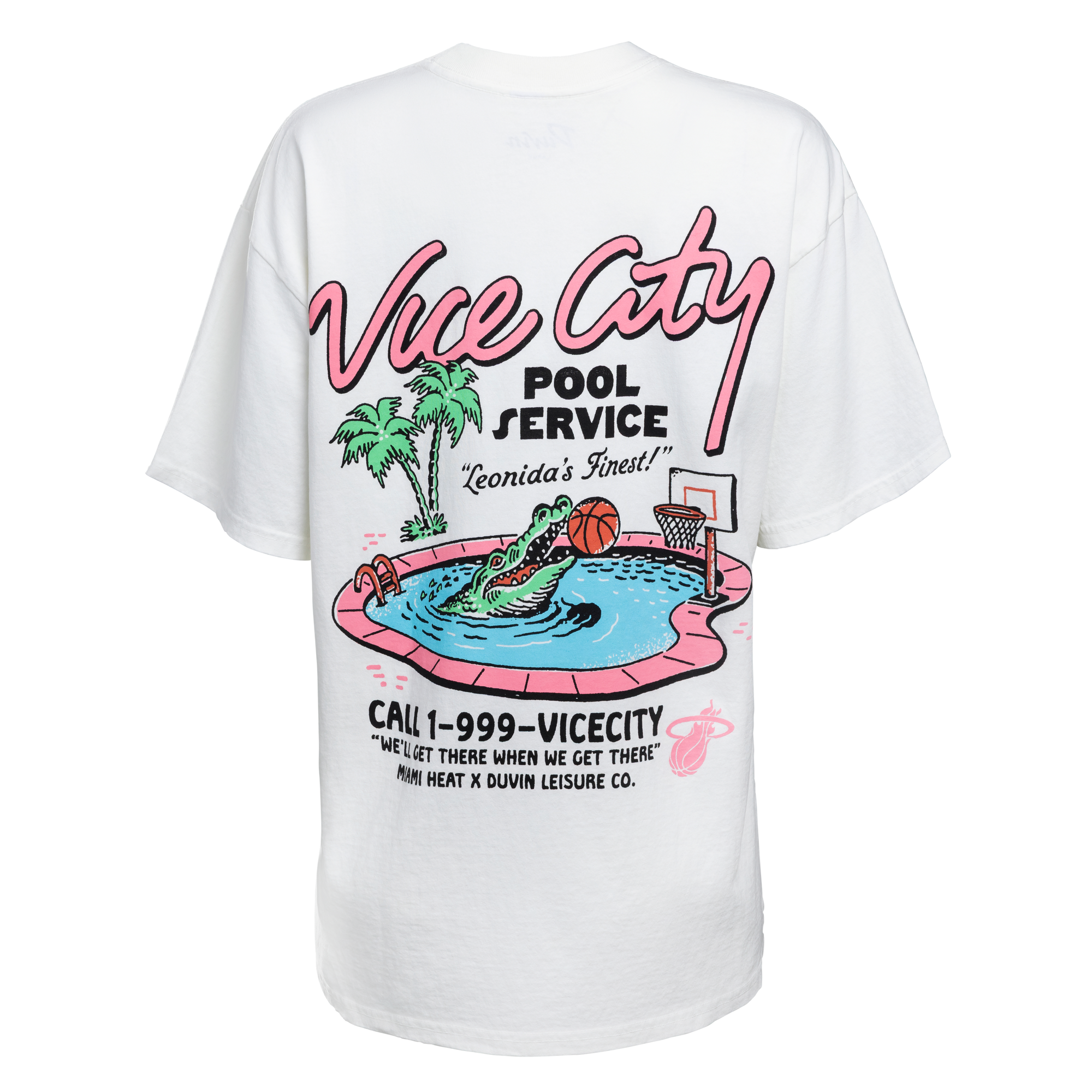 The Court Culture x Duvin Vice City Pool Service Pocket Tee features a white boxy fit and a vibrant graphic with an alligator, palm trees, and basketball hoop in retro pink, green, and blue for vintage streetwear style.