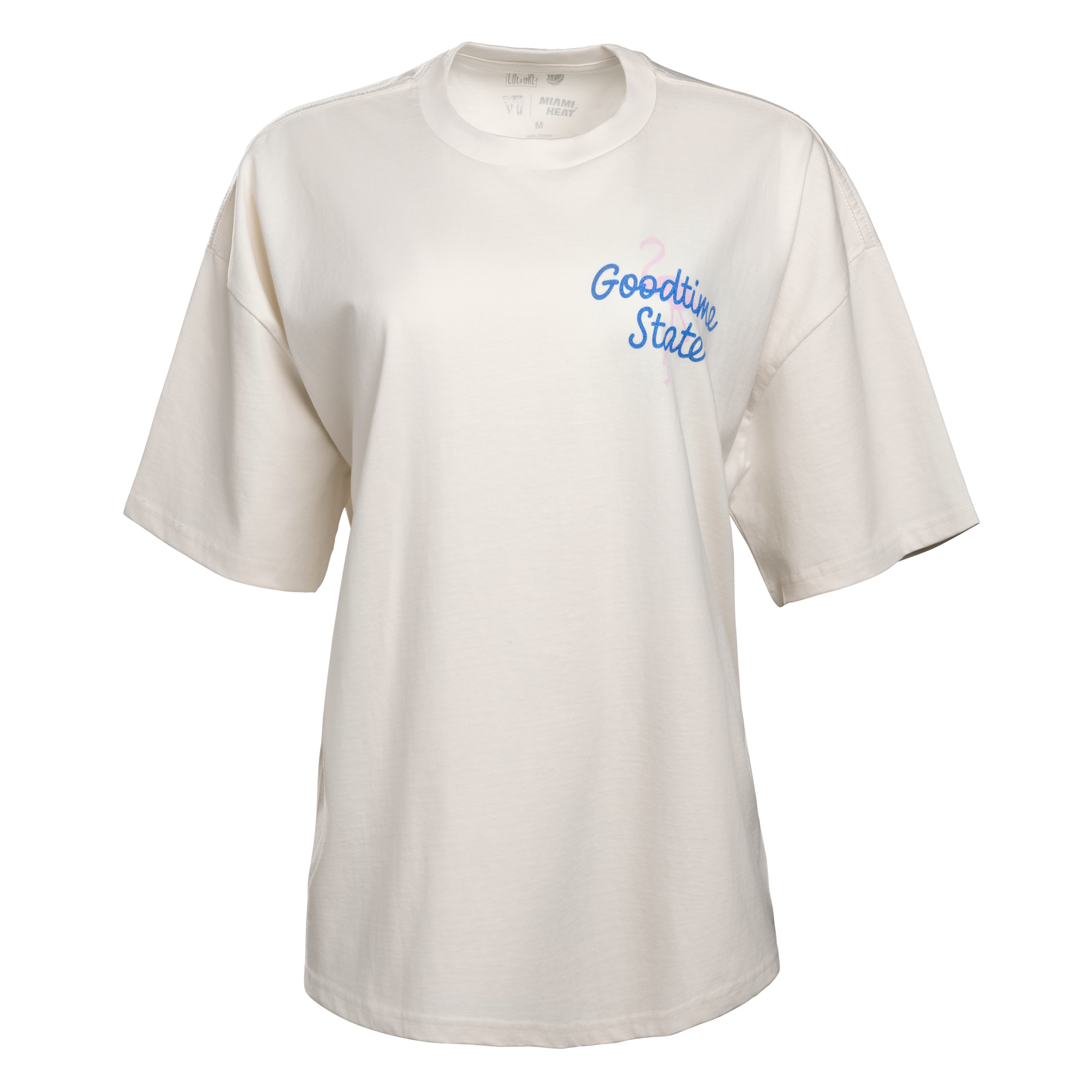 The Court Culture Vice City Souvenir Oversized Tee is a white, 100% cotton short-sleeve shirt with blue cursive on the left chest. Enjoy its roomy fit and easy care—just machine wash cold. Displayed on a white background.