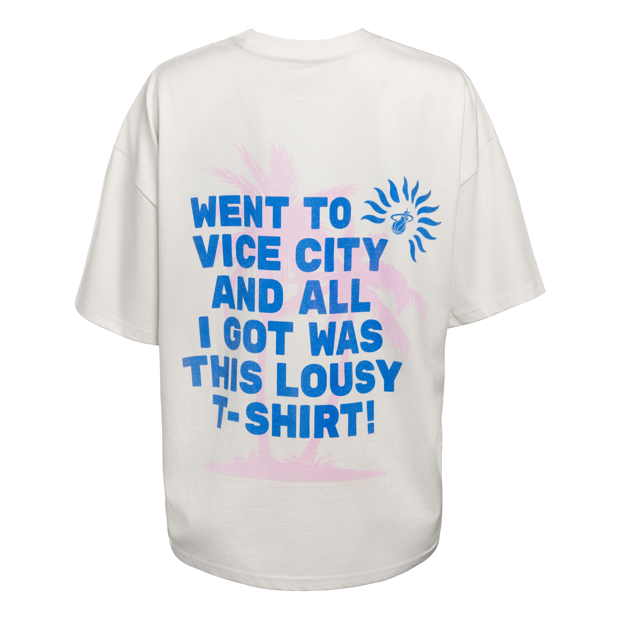 Court Culture Vice City Souvenir Oversized Tee: White, 100% cotton with blue text, pink palm tree, blue sun; oversized fit. Machine wash cold.