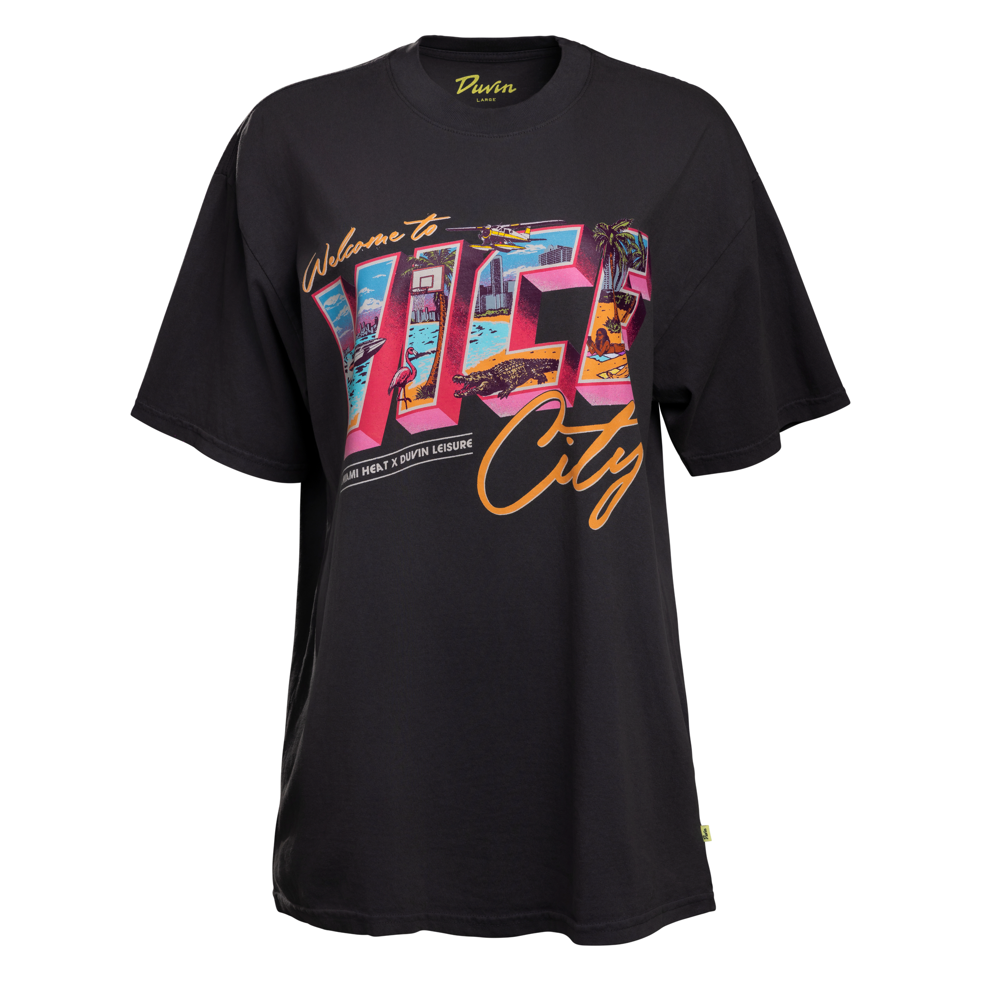 The Court Culture x Duvin Vice City Postcard Tee features a retro beach city graphic with palm trees, buildings, and cars on black midweight cotton in a standard fit.