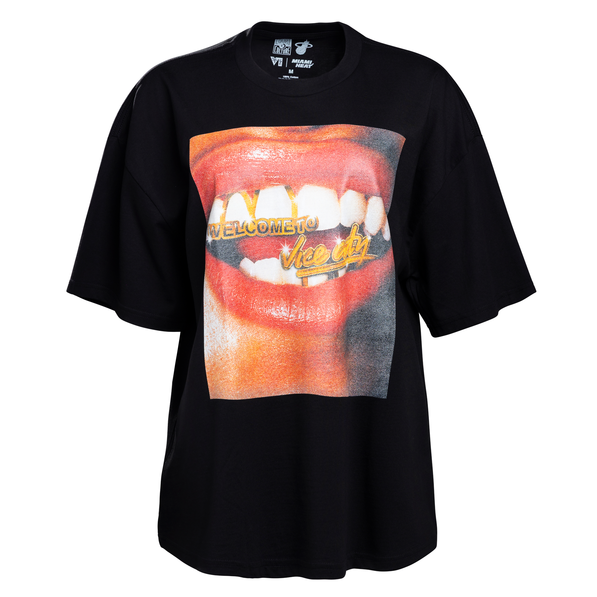 The Court Culture Vice City Grill Oversized Tee features a bold mouth graphic with WELCOME TO and Vice City text in yellow on 100% cotton for all-day comfort.