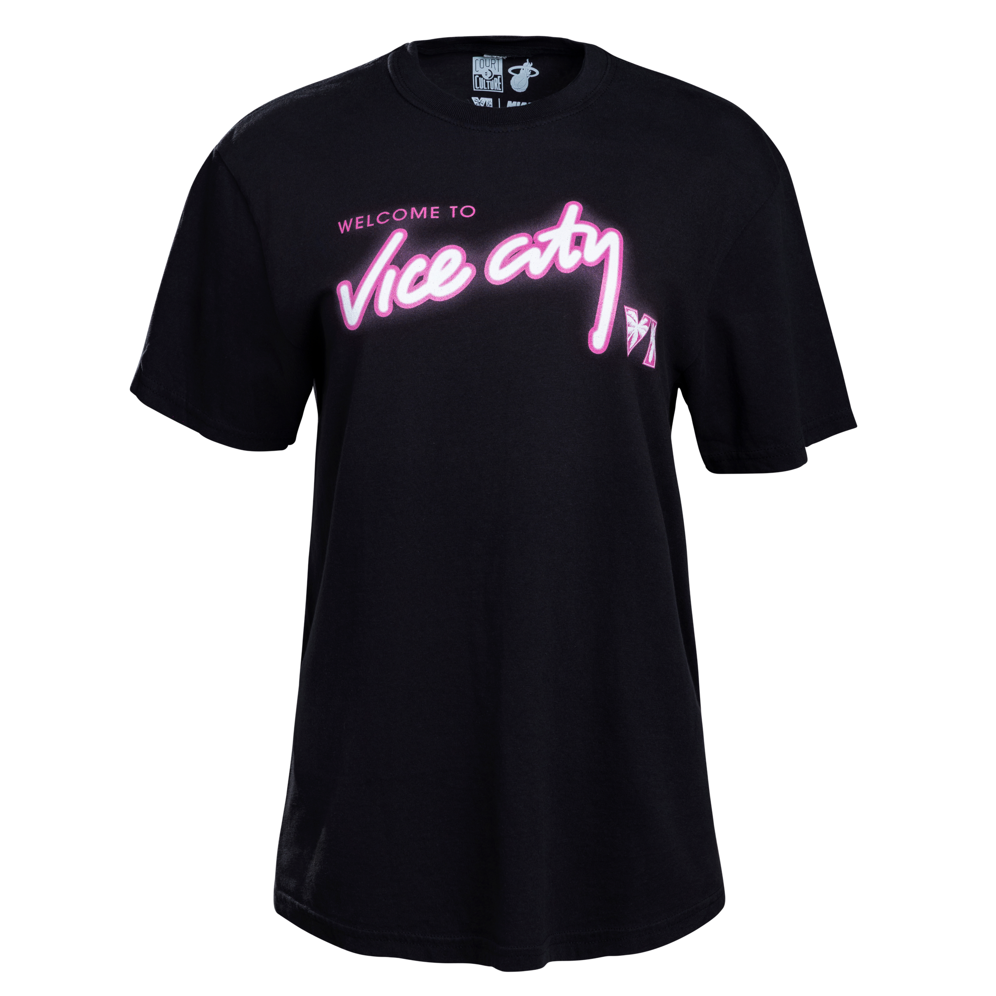 Court Culture Welcome to Vice City Tee: Black 100% cotton shirt featuring pink neon-style text on the front. Standard fit; plain white background. Machine wash cold recommended.