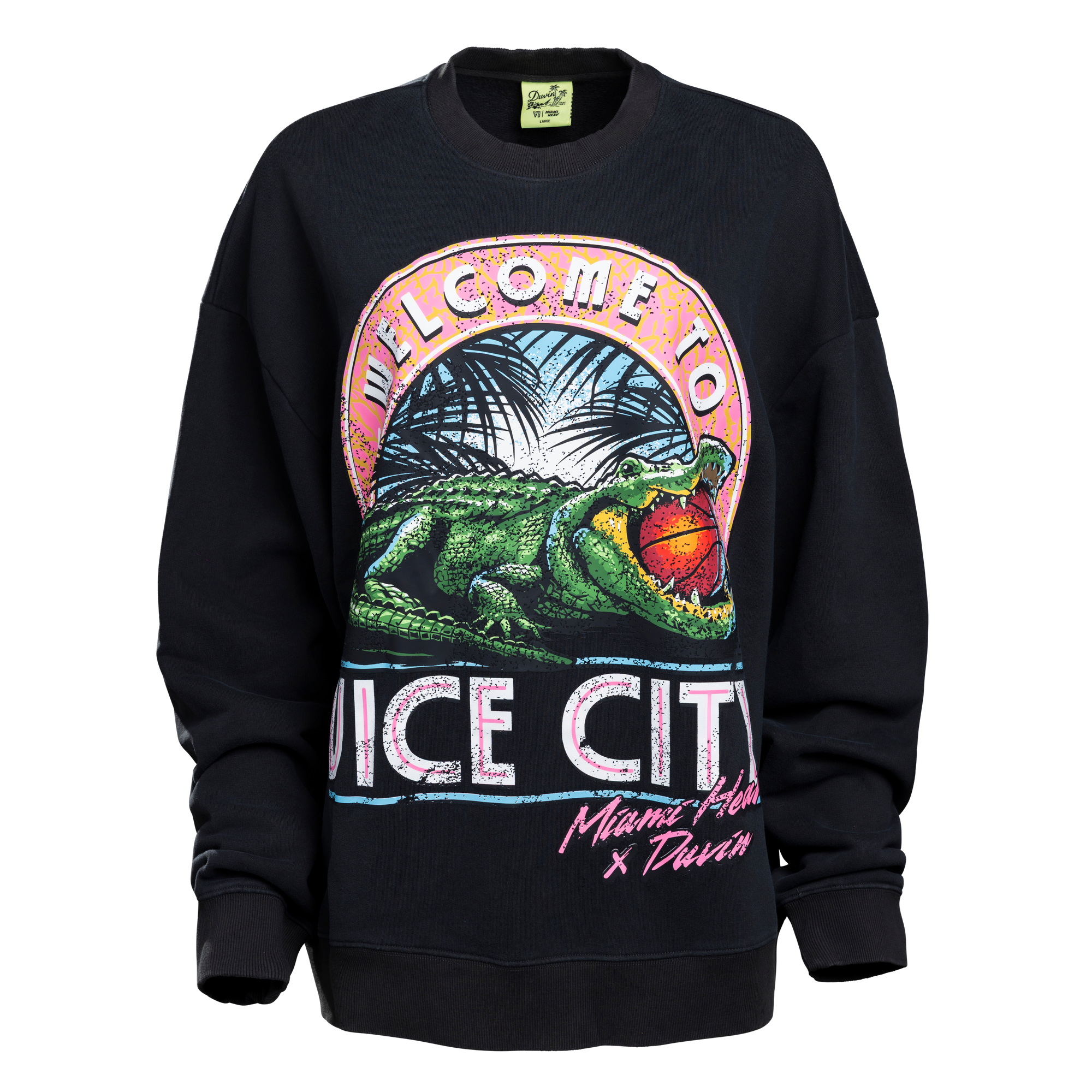 The Court Culture x Duvin Welcome to Vice City Crewneck is a black heavyweight fleece sweatshirt with a colorful alligator and palm trees graphic and Welcome to Vice City, Miami Beach x David text in a relaxed fit.