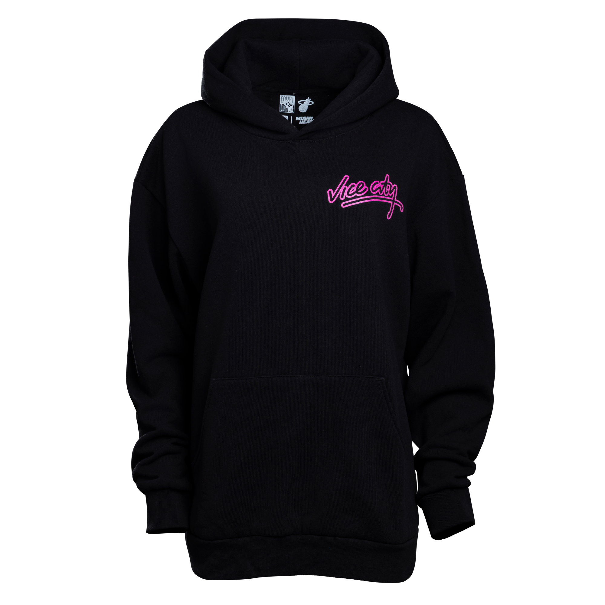 The Court Culture Vice City Hoodie is a black, standard fit sweatshirt with a small pink Vice City logo on the left chest, long sleeves, front pocket, and cotton-polyester blend. Shown on a plain white background.