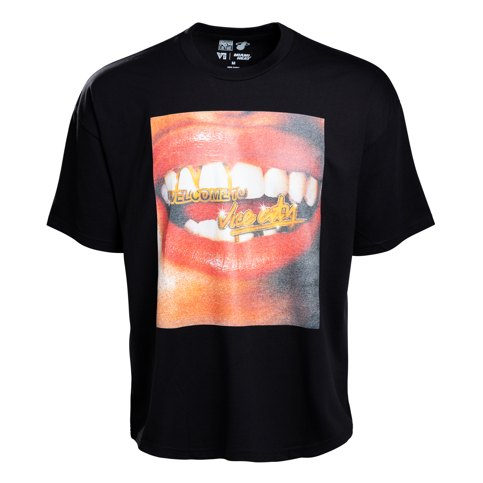 Court Culture Vice City Grill Oversized Tee—black, oversized fit with a graphic of open lips, gold grill reading WELCOME TO and VICE CITY. 100% cotton; machine wash cold.