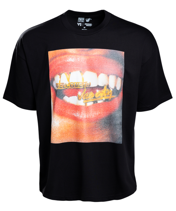 Court Culture Vice City Grill Oversized Tee—black, oversized fit with a graphic of open lips, gold grill reading WELCOME TO and VICE CITY. 100% cotton; machine wash cold.