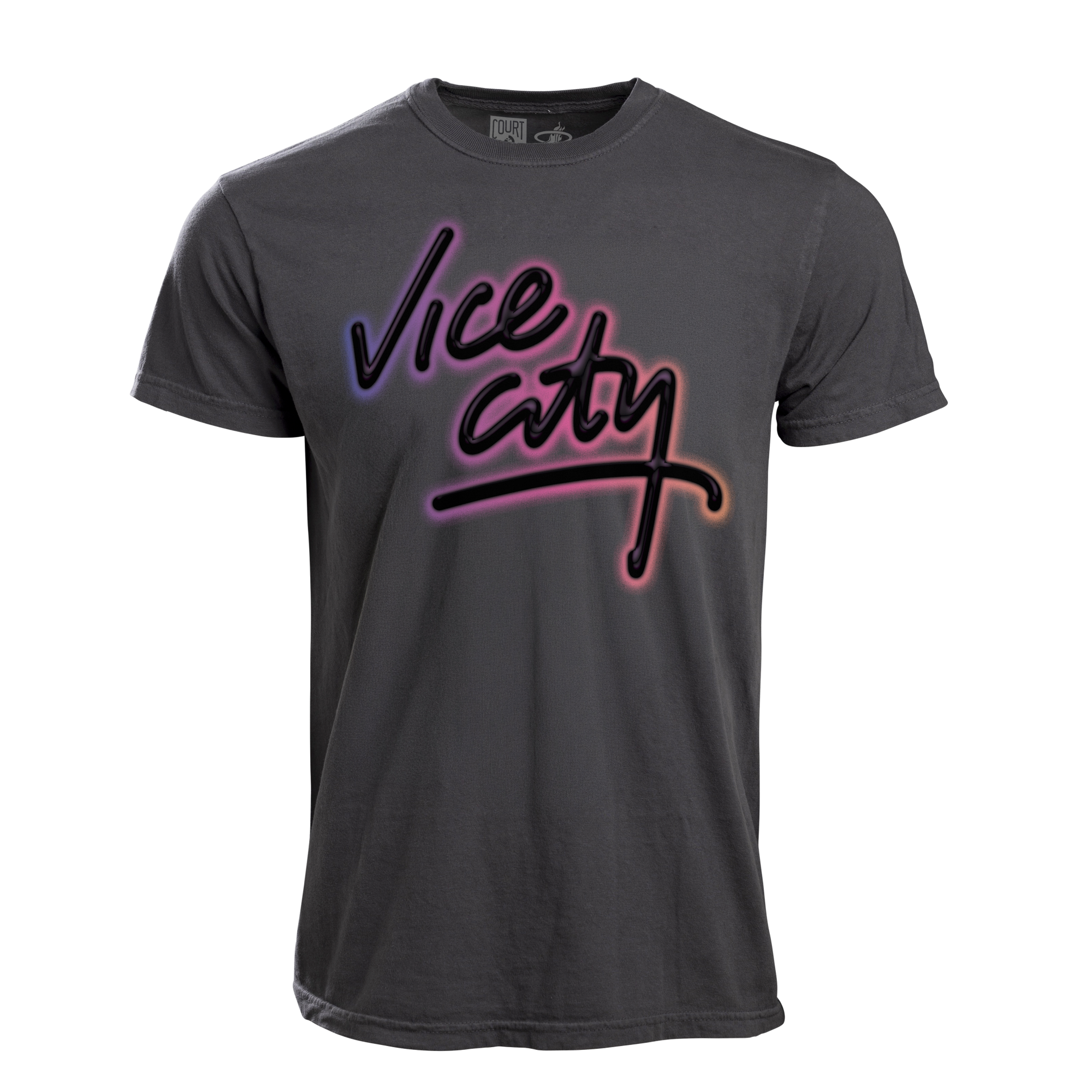 The Court Culture Vice City Tee is a dark gray, 100% cotton shirt featuring Vice City in large neon-style pink, purple, and blue script across the chest.