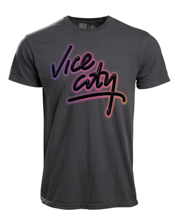 The Court Culture Vice City Tee is a dark gray, 100% cotton shirt featuring Vice City in large neon-style pink, purple, and blue script across the chest.
