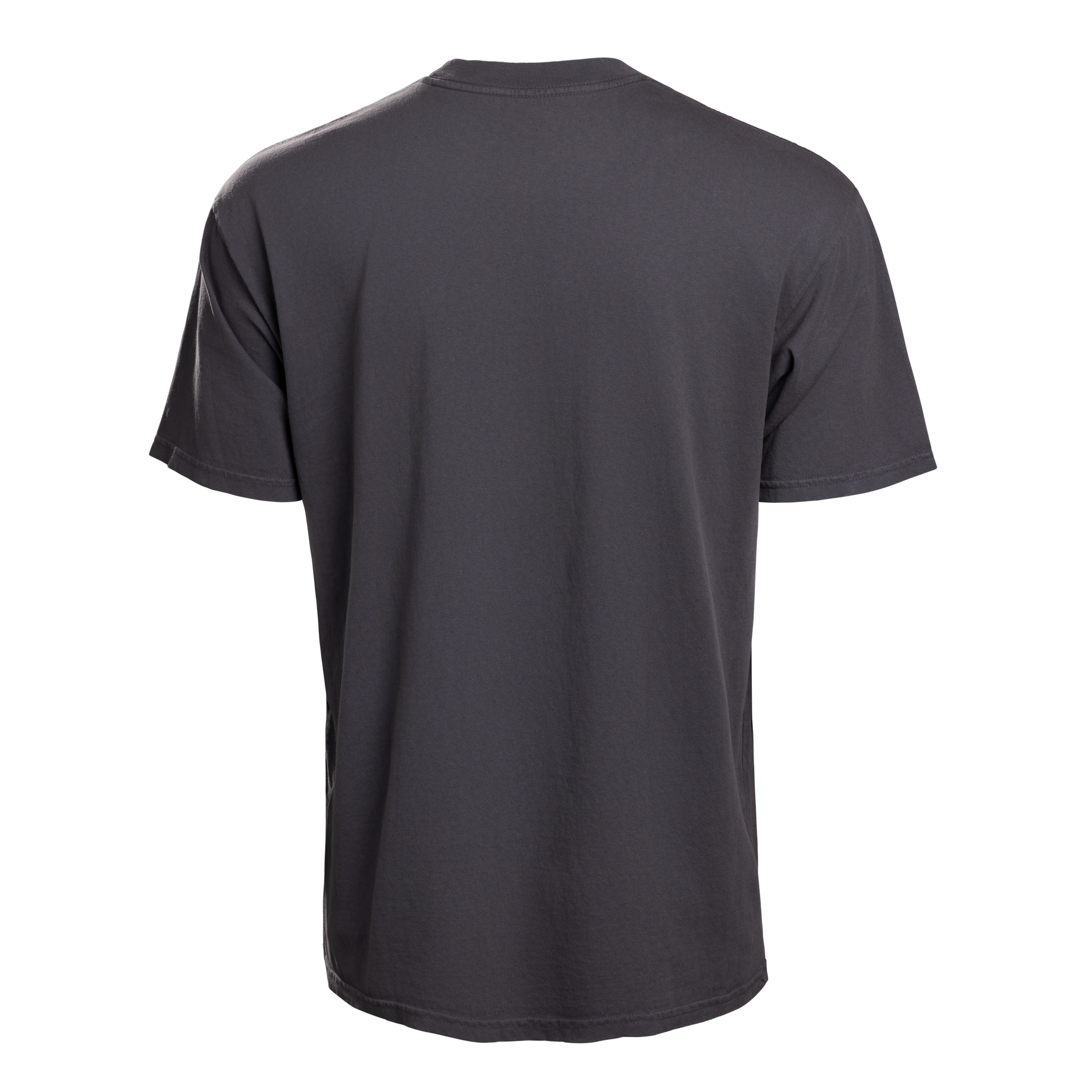 The Court Culture x Duvin Vice City Postcard Tee is a plain dark gray, standard-fit short-sleeve t-shirt made of midweight cotton, shown from the back on a white background.