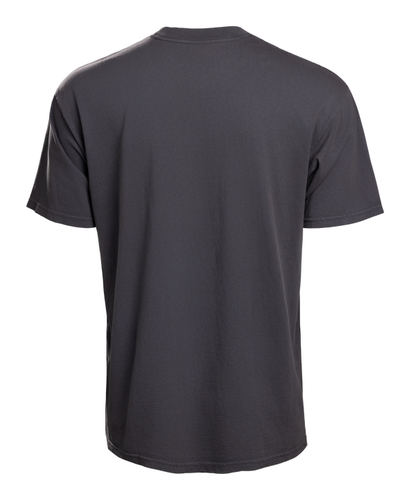 The Court Culture x Duvin Vice City Postcard Tee features a dark gray color, bold Welcome to Vice City text with palm tree graphics, and is made from midweight cotton for a retro beach vibe in a standard fit.