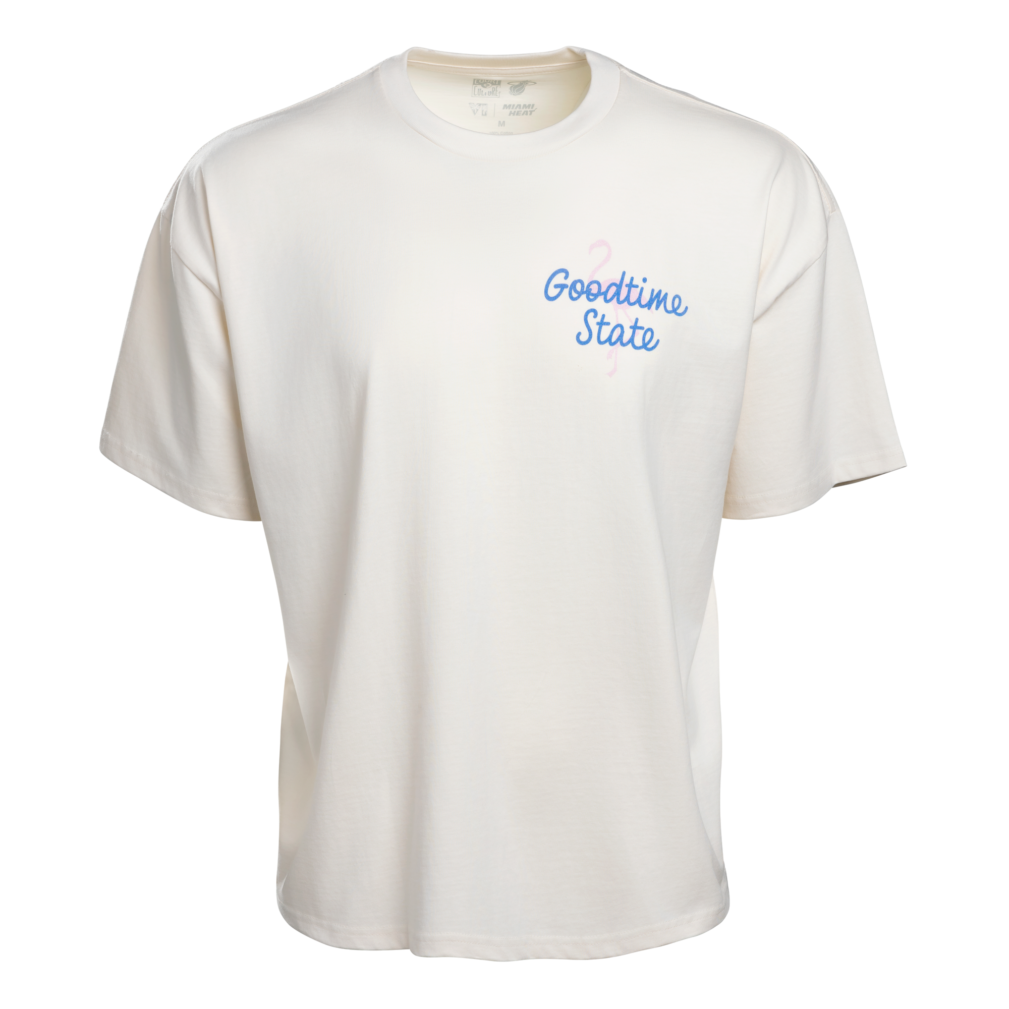 The Court Culture Vice City Souvenir Oversized Tee features a plain white design, short sleeves, blue Goodtime State script on the chest, 100% cotton fabric, and is machine washable.