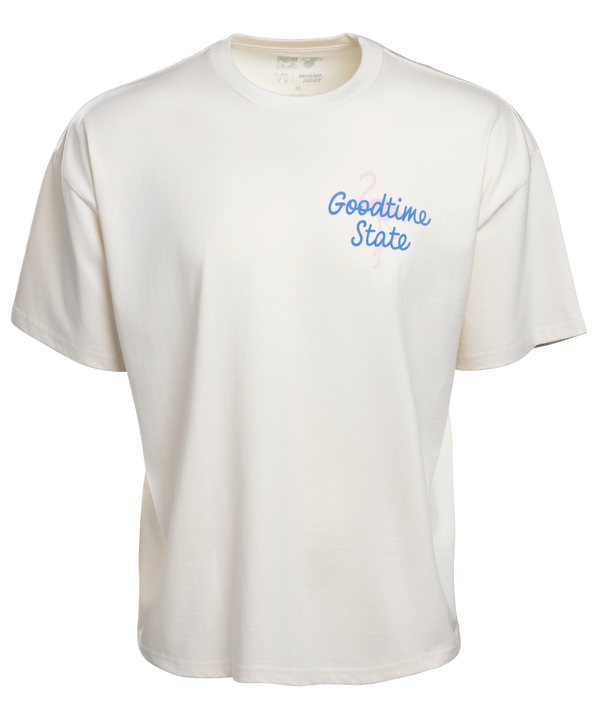 The Court Culture Vice City Souvenir Oversized Tee is a white 100% cotton shirt with blue text on the back, plus a pink palm tree and blue sun graphic. Machine wash cold.