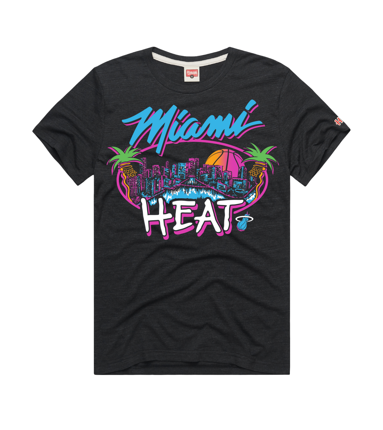 The Homage Miami HEAT Original Vice Nights City Tee by Homage is a black cotton blend shirt with a vibrant graphic of palm trees, basketball, and city skyline featuring bold 