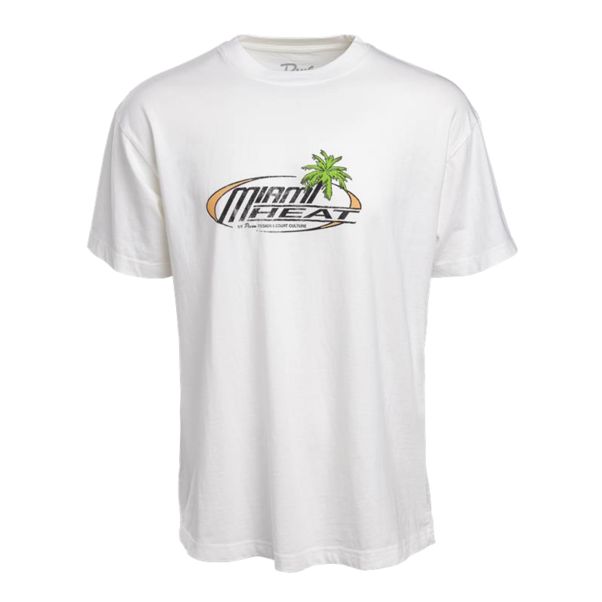 The Court Culture x Duvin Sun Tee is a white short-sleeve heavyweight T-shirt with a front “Miami Heat” graphic and palm tree, part of the NBA Official Collection by Court Culture.