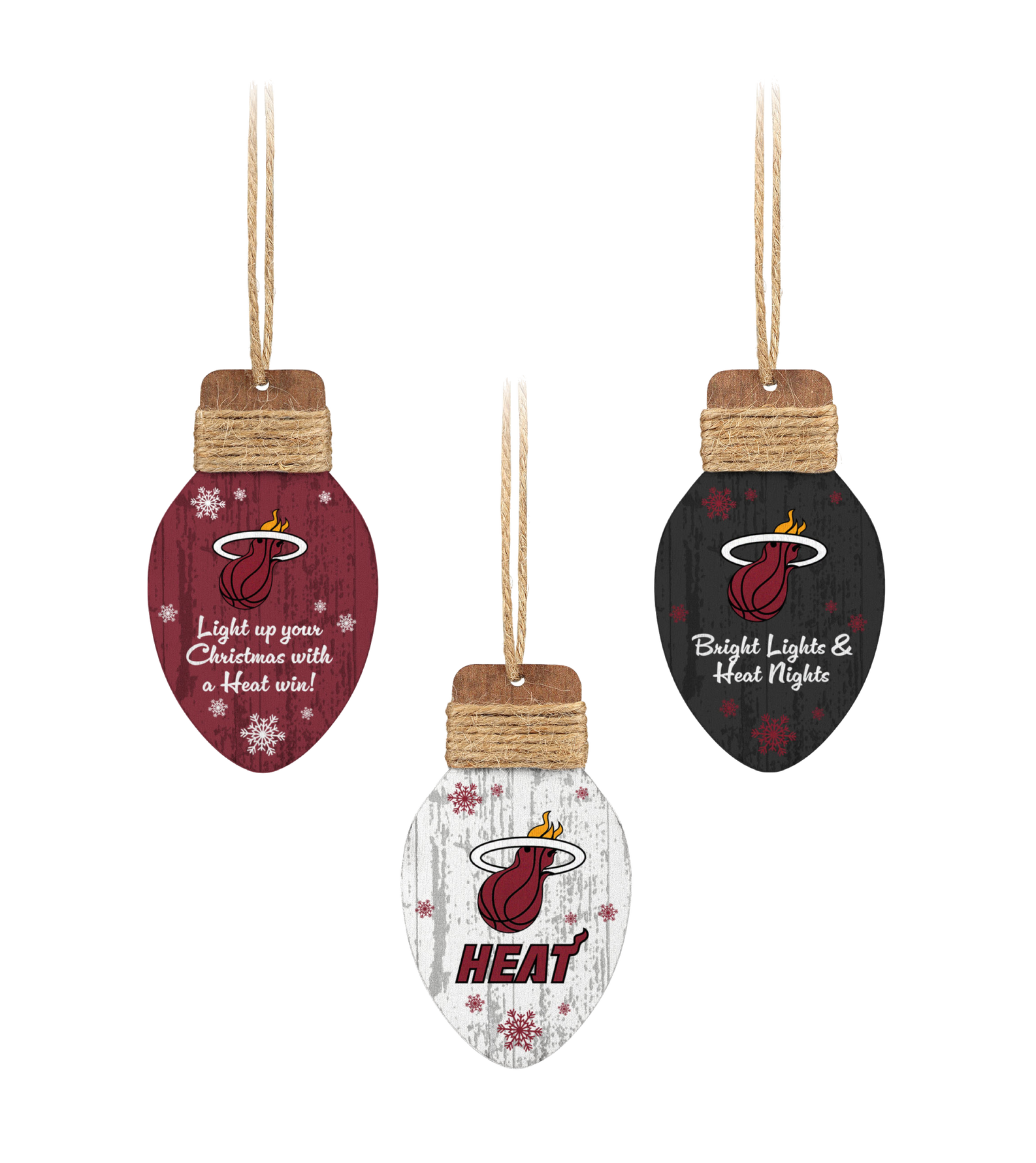 The Forever Collectibles Miami HEAT 3-Pack Wooden Ornaments features red, black, and white light bulb-shaped designs with team logos and snowflakes. Each decorative ornament measures 4