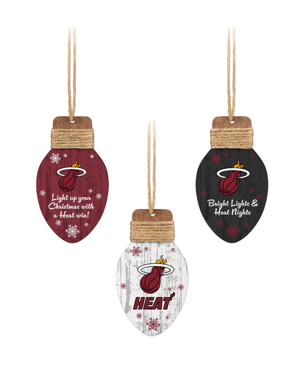 The Forever Collectibles Miami HEAT 3-Pack Wooden Ornaments features red, black, and white light bulb-shaped designs with team logos and snowflakes. Each decorative ornament measures 4