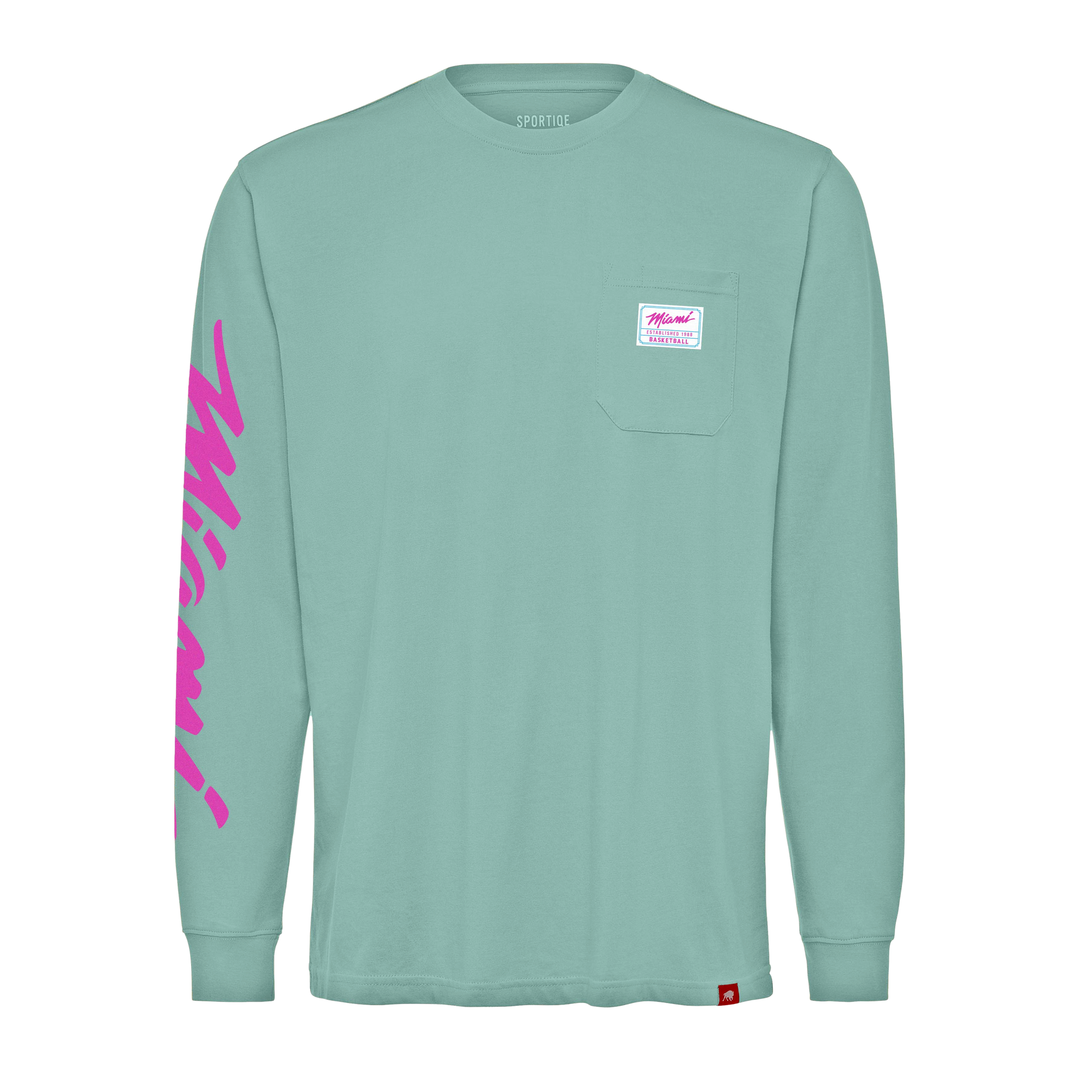 Mint green long sleeve tee with Miami HEAT pink script on sleeve and small chest pocket logo. - Sportiqe Miami HEAT Original Vice Wordmark Long Sleeve Tee