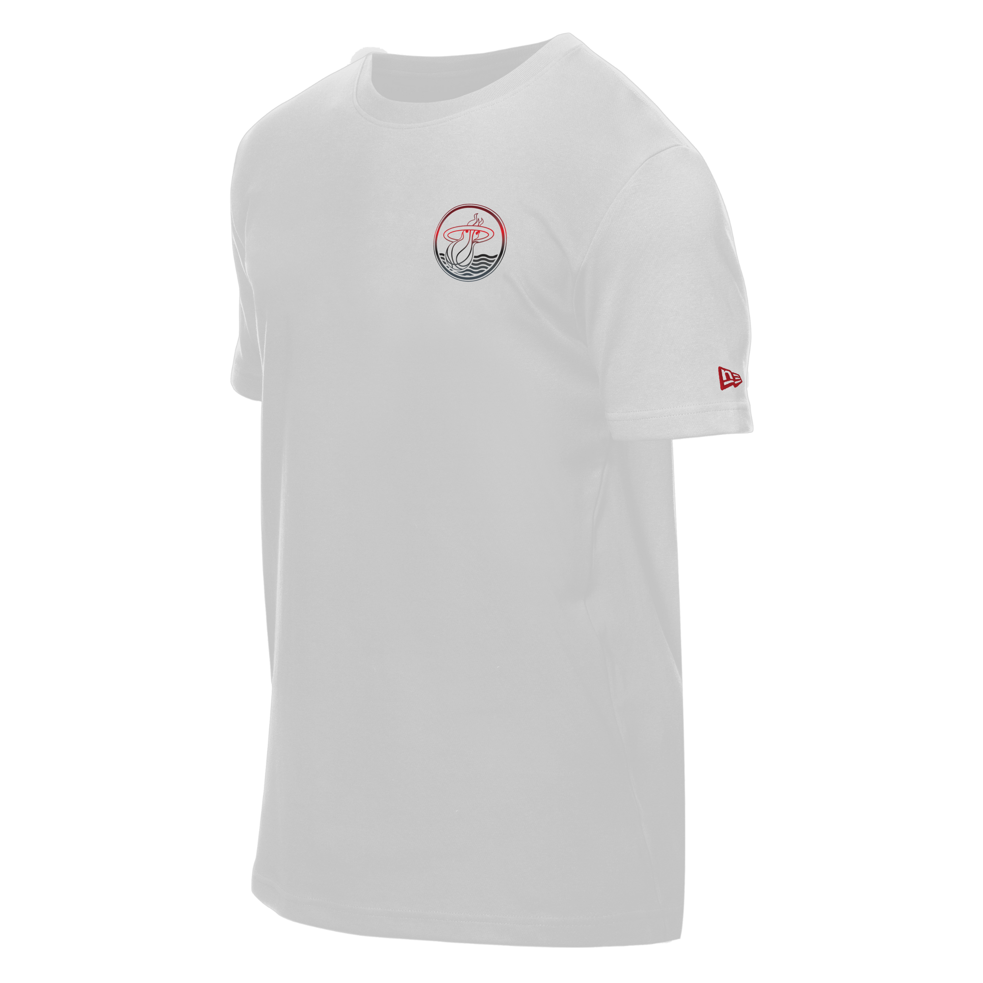 White short-sleeve tee with small circular Miami HEAT logo on chest and New Era logo on sleeve. - New Era Miami HEAT White Basketball Tee