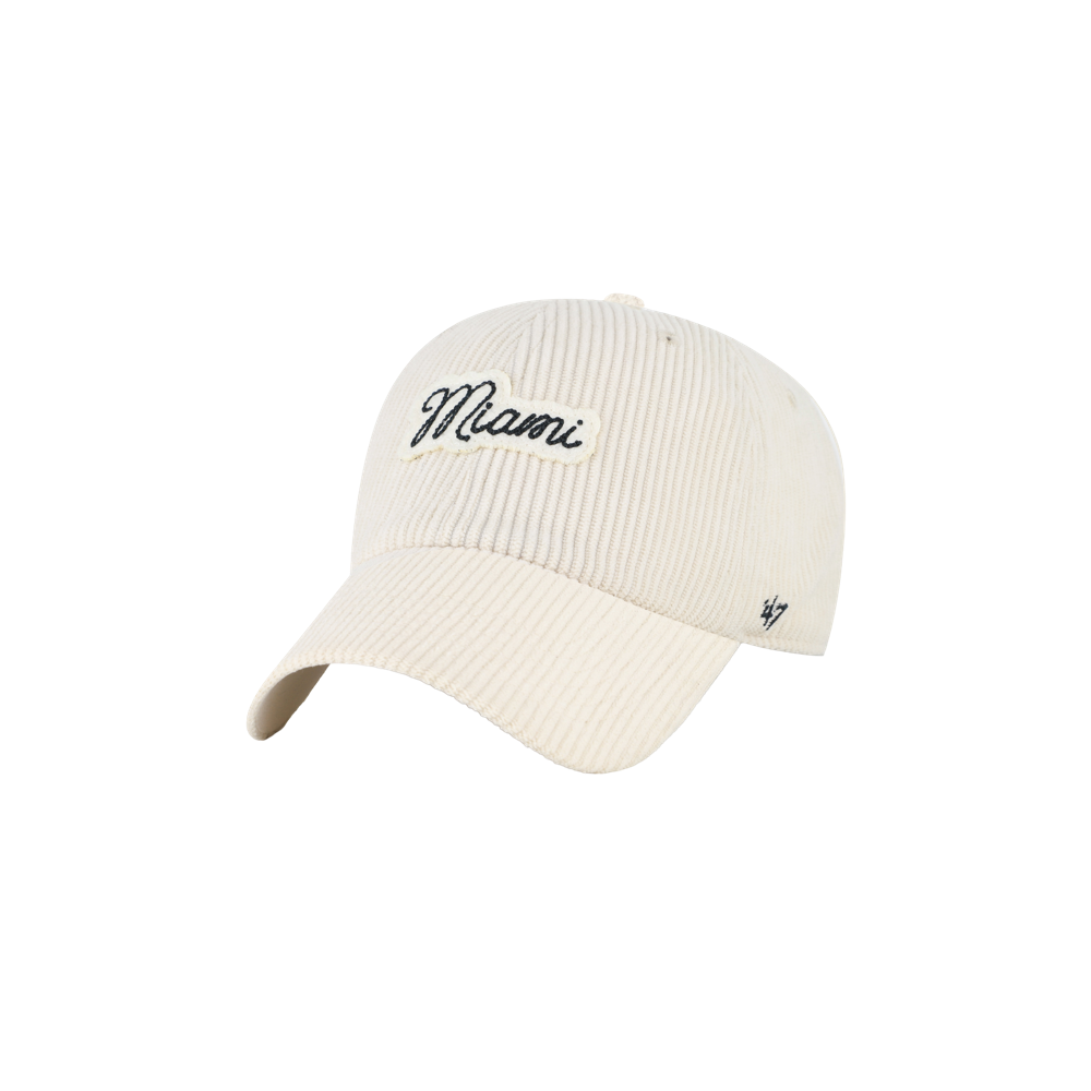 The ’47 Brand Miami HEAT Corduroy Script Women’s Cleanup Hat features a beige corduroy design with “Miami” embroidered in black on the front and a small ’47 logo on the left side. Made from versatile polyester and crafted in a one size fits most style, this hat is easy to keep fresh—simply spot clean as needed.