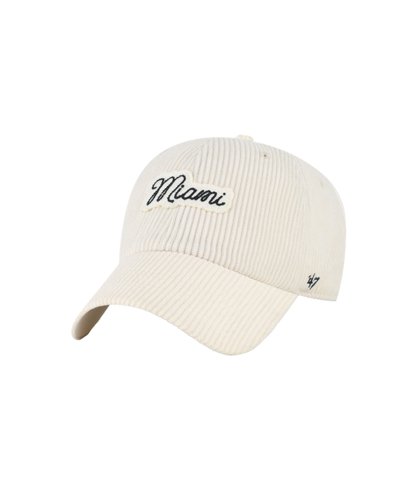 The ’47 Brand Miami HEAT Corduroy Script Women’s Cleanup Hat features a beige corduroy design with “Miami” embroidered in black on the front and a small ’47 logo on the left side. Made from versatile polyester and crafted in a one size fits most style, this hat is easy to keep fresh—simply spot clean as needed.