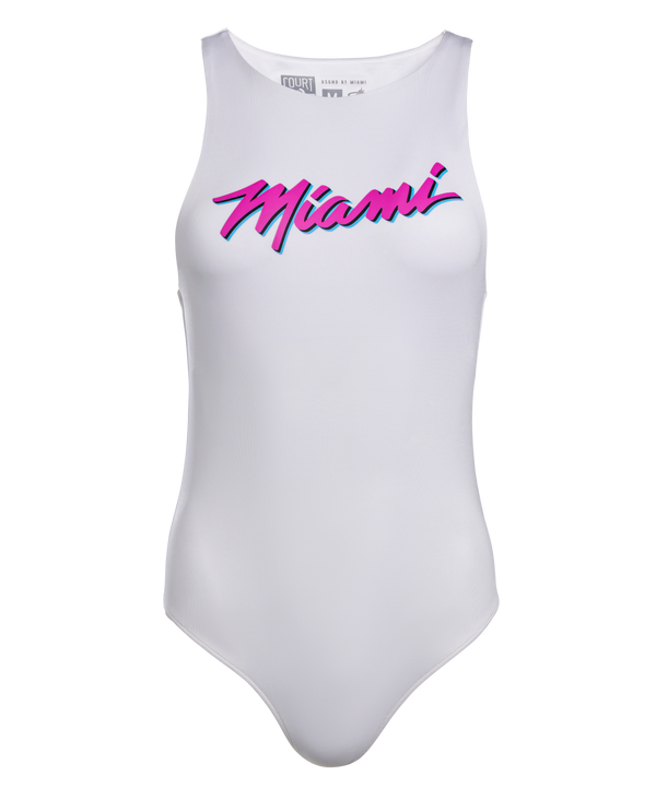 White sleeveless bodysuit with bright pink and blue 
