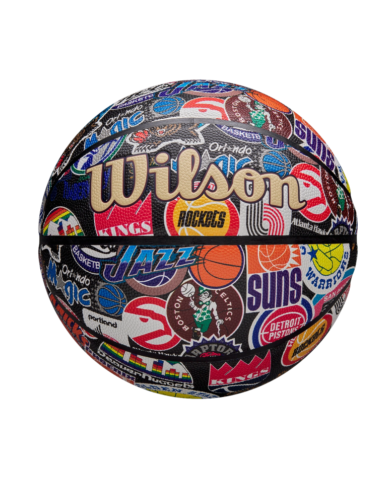 The Wilson All-Team Retro Basketball by Wilson features vibrant, vintage team logos and names on its Pure Feel Cover, showcasing classic teams with colorful graphics.