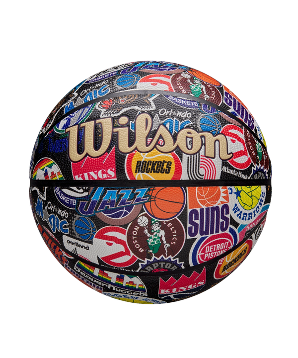 The Wilson All-Team Retro Basketball by Wilson features vibrant, vintage team logos and names on its Pure Feel Cover, showcasing classic teams with colorful graphics.