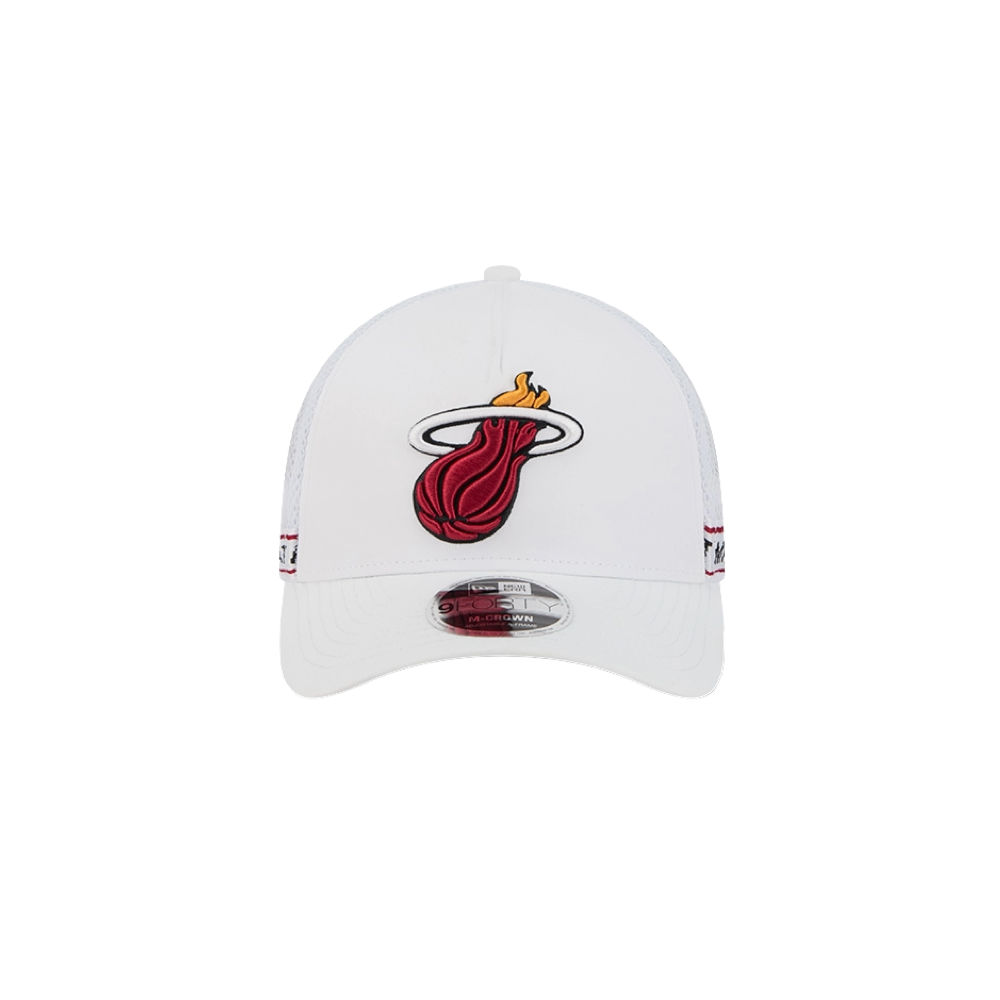 White New Era trucker cap with red Miami HEAT logo and adjustable snapback closure. - New Era Miami HEAT Logo Adjustable Trucker