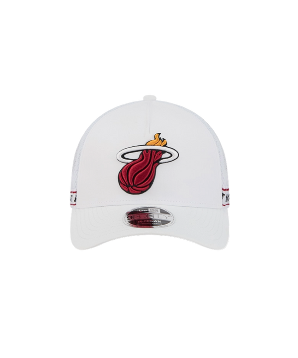 White New Era trucker cap with red Miami HEAT logo and adjustable snapback closure. - New Era Miami HEAT Logo Adjustable Trucker