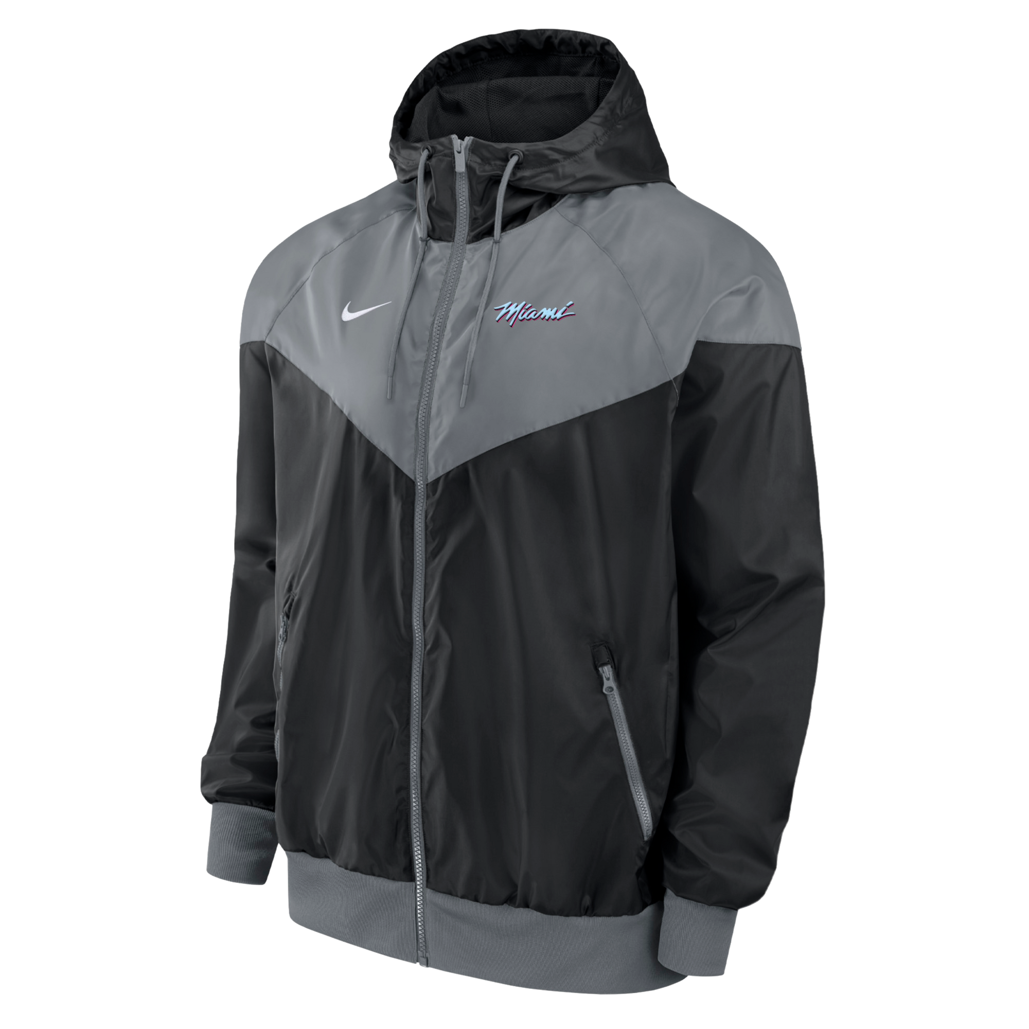 The Nike Miami HEAT Original Vice Nights Windbreaker Jacket is a black and gray polyester hooded jacket with a full front zipper, ribbed cuffs and hem, and 