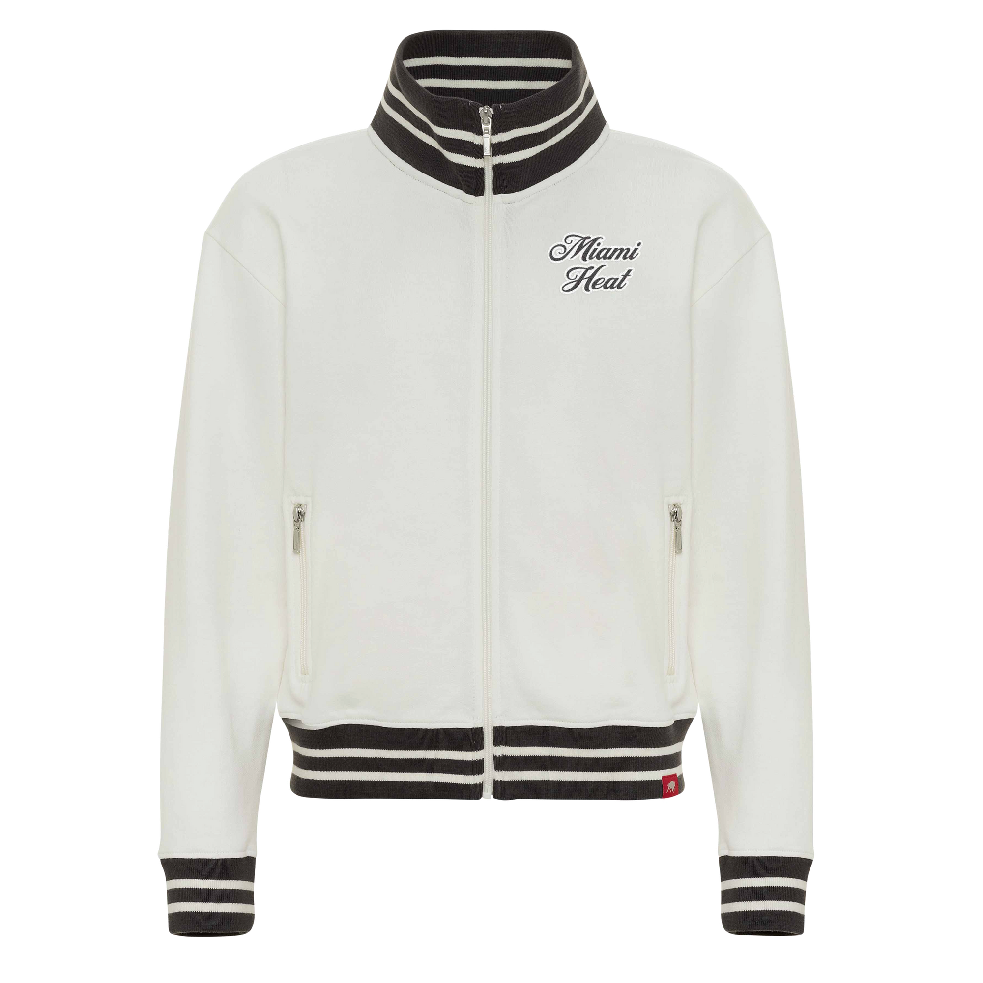 The Sportiqe Miami HEAT Sutton Women's Jacket is a white 100% cotton zip-up with black striped cuffs, collar, and hem. 