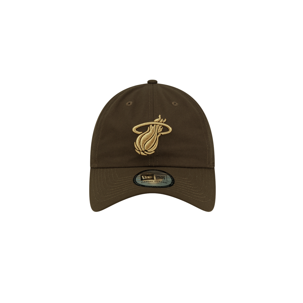 Olive green polyester Court Culture x New Era Olive Dad Hat featuring an embroidered gold Miami Heat logo on the front.