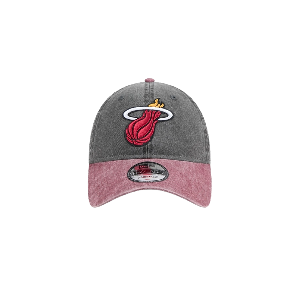 Black washed dad hat with pink curved brim and embroidered Miami HEAT logo on front. - New Era Miami HEAT Black Washed Dad Hat