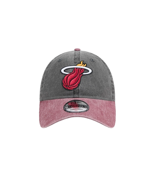 Black washed dad hat with pink curved brim and embroidered Miami HEAT logo on front. - New Era Miami HEAT Black Washed Dad Hat