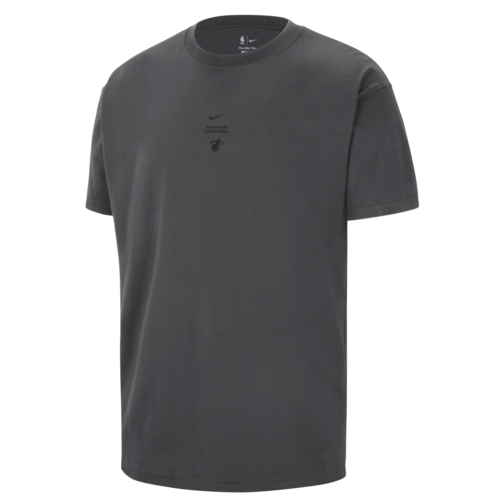 The Nike Miami HEAT 2026-27 Pre-Game Tee is a dark gray, short-sleeve cotton shirt featuring small logos, including the Miami HEAT emblem, on the center chest. This loose fit tee from Nike is displayed on a plain white background.