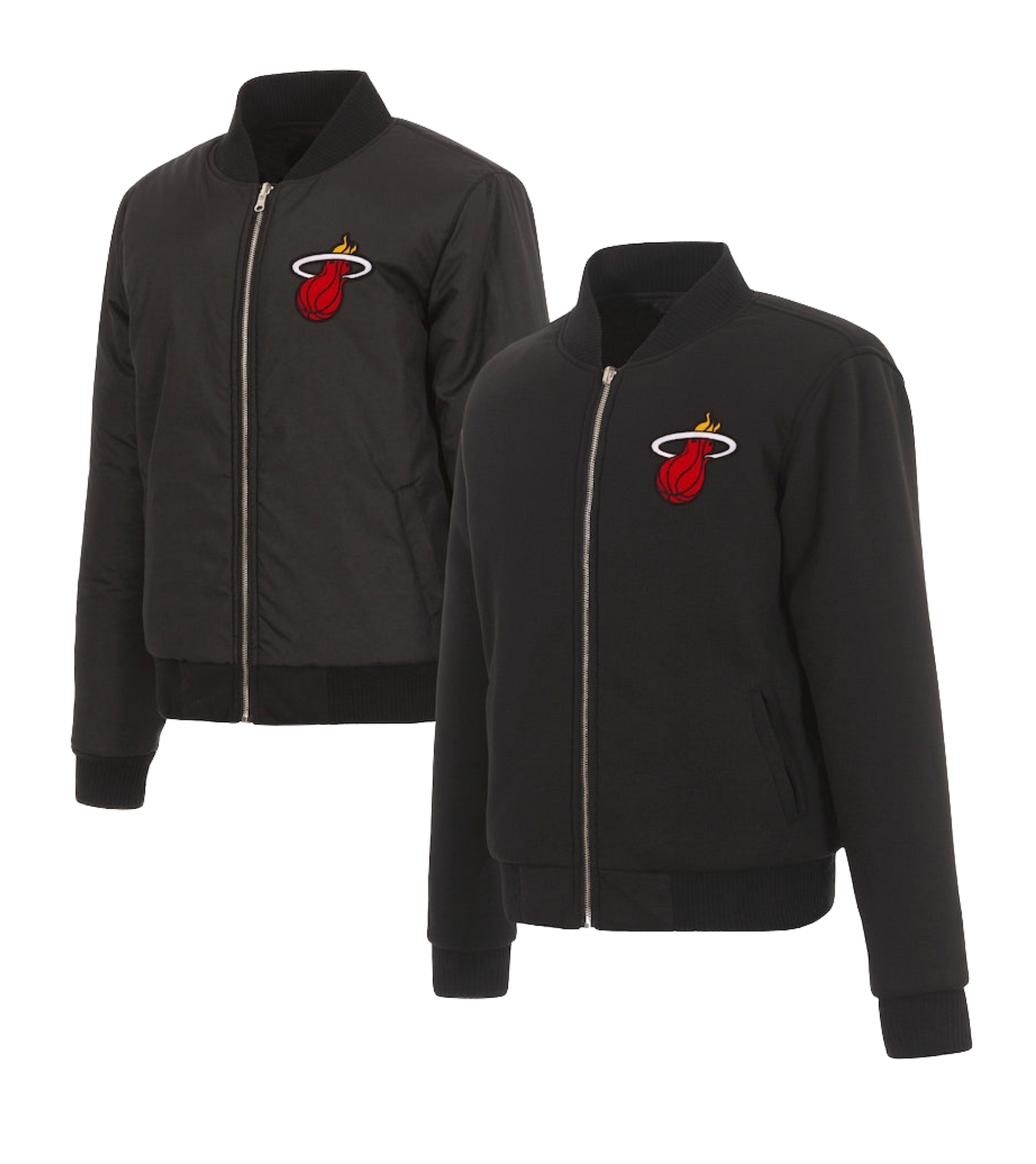 Two JH Designs Miami HEAT Ladies Reversible Fleece Jackets, black polyester with embroidered logos on the left chest and metal zip closures, shown on a plain white background.