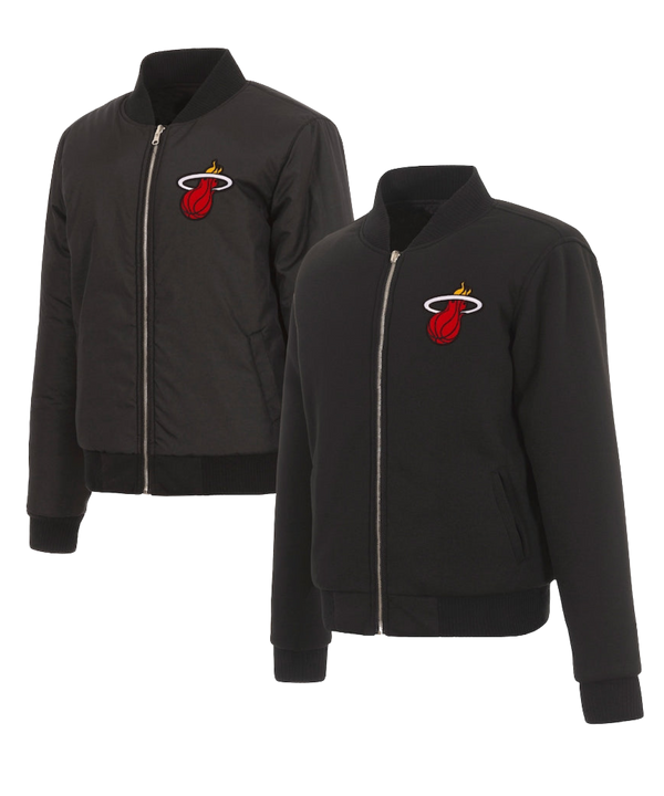 Two JH Designs Miami HEAT Ladies Reversible Fleece Jackets, black polyester with embroidered logos on the left chest and metal zip closures, shown on a plain white background.