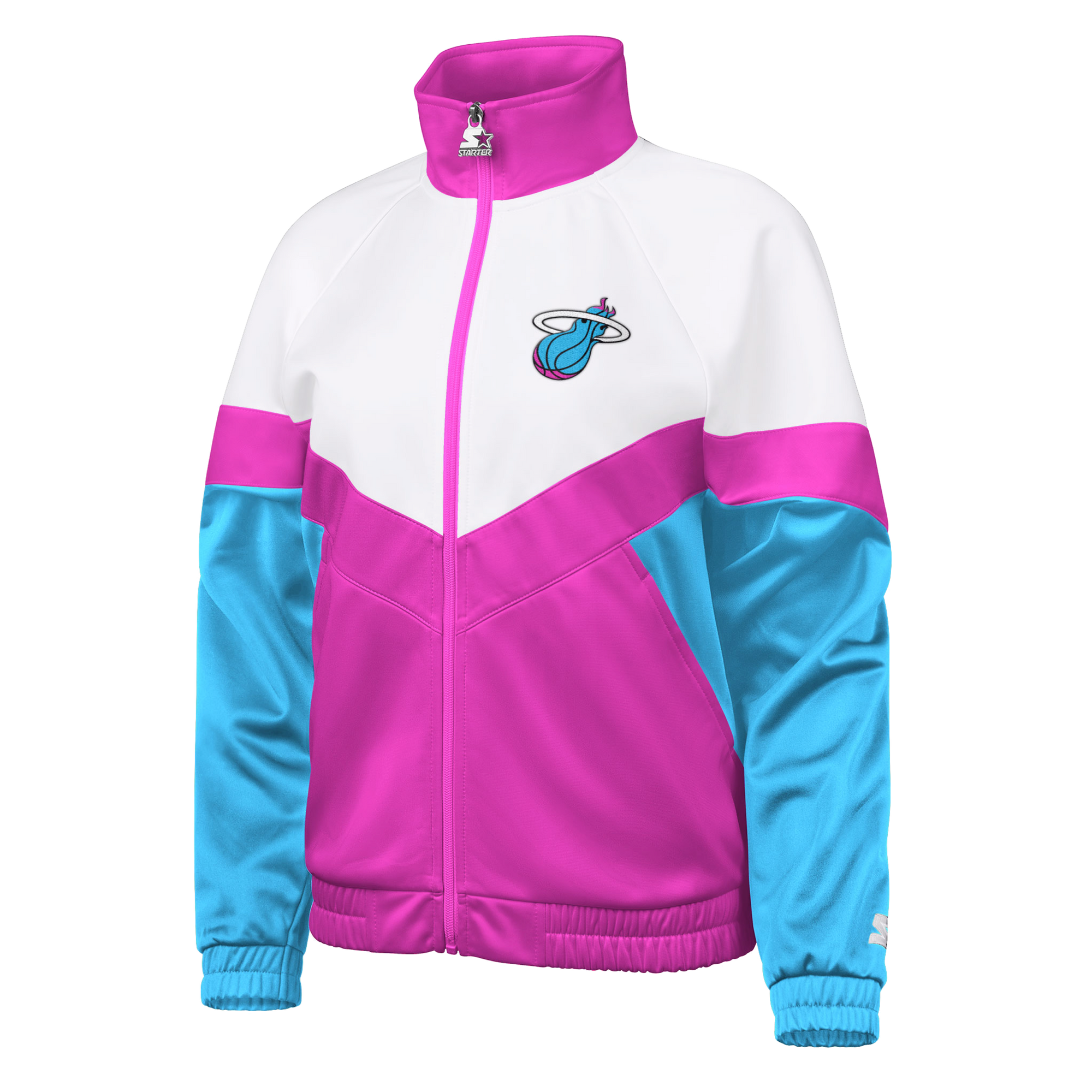 The G-III Sports Miami HEAT Original Vice Nights Women's Jacket features a white top, pink midsection, blue sleeves, Miami Heat logo on the chest, polyester standard fit, full front zipper, and is machine washable cold.