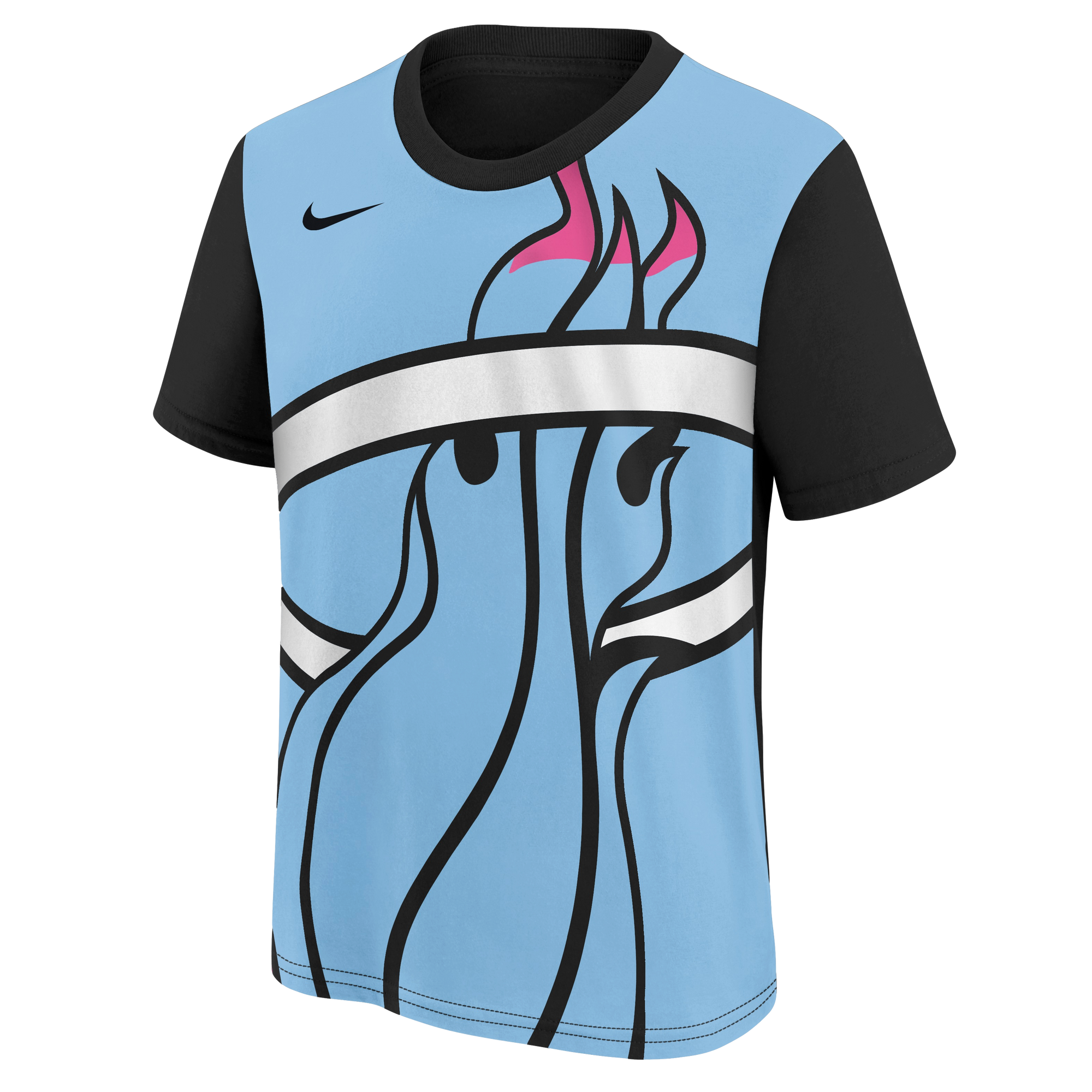 The Nike Miami HEAT Original Vice Nights Big Logo Youth Tee by New Era features short sleeves, a standard fit, and a bold blue abstract front graphic with black sleeves and a small black Nike logo on the chest. Machine washable.